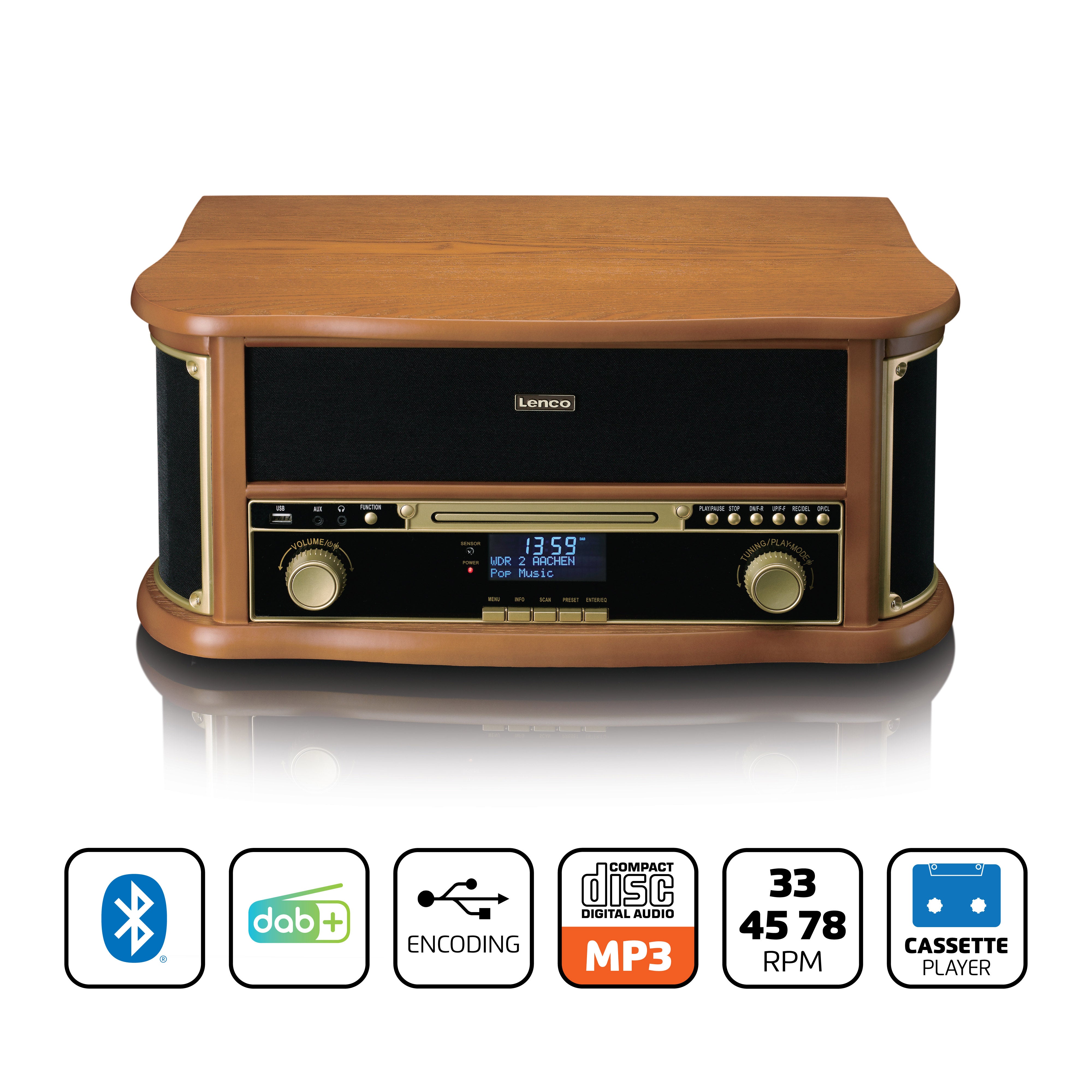 Retro-Plattenspieler aus Holz mit Bluetooth®, DAB+/FM-Radio, USB-Verschlüsselung, CD-Player, Kassettenspieler und eingebauten Lautsprechern