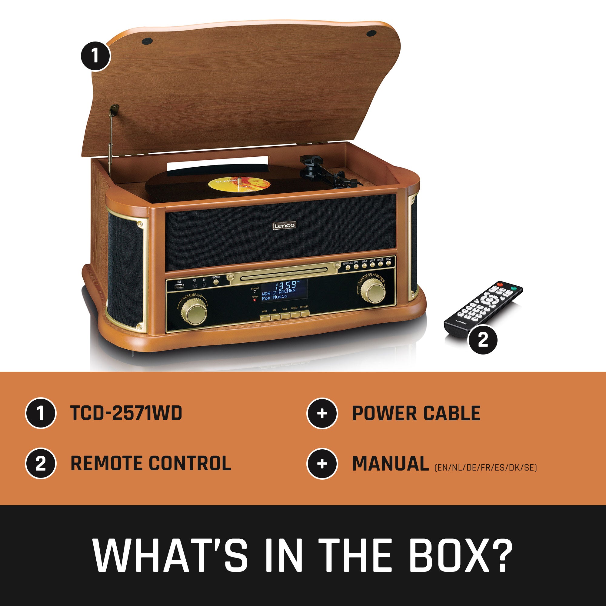 Retro-Plattenspieler aus Holz mit Bluetooth®, DAB+/FM-Radio, USB-Verschlüsselung, CD-Player, Kassettenspieler und eingebauten Lautsprechern