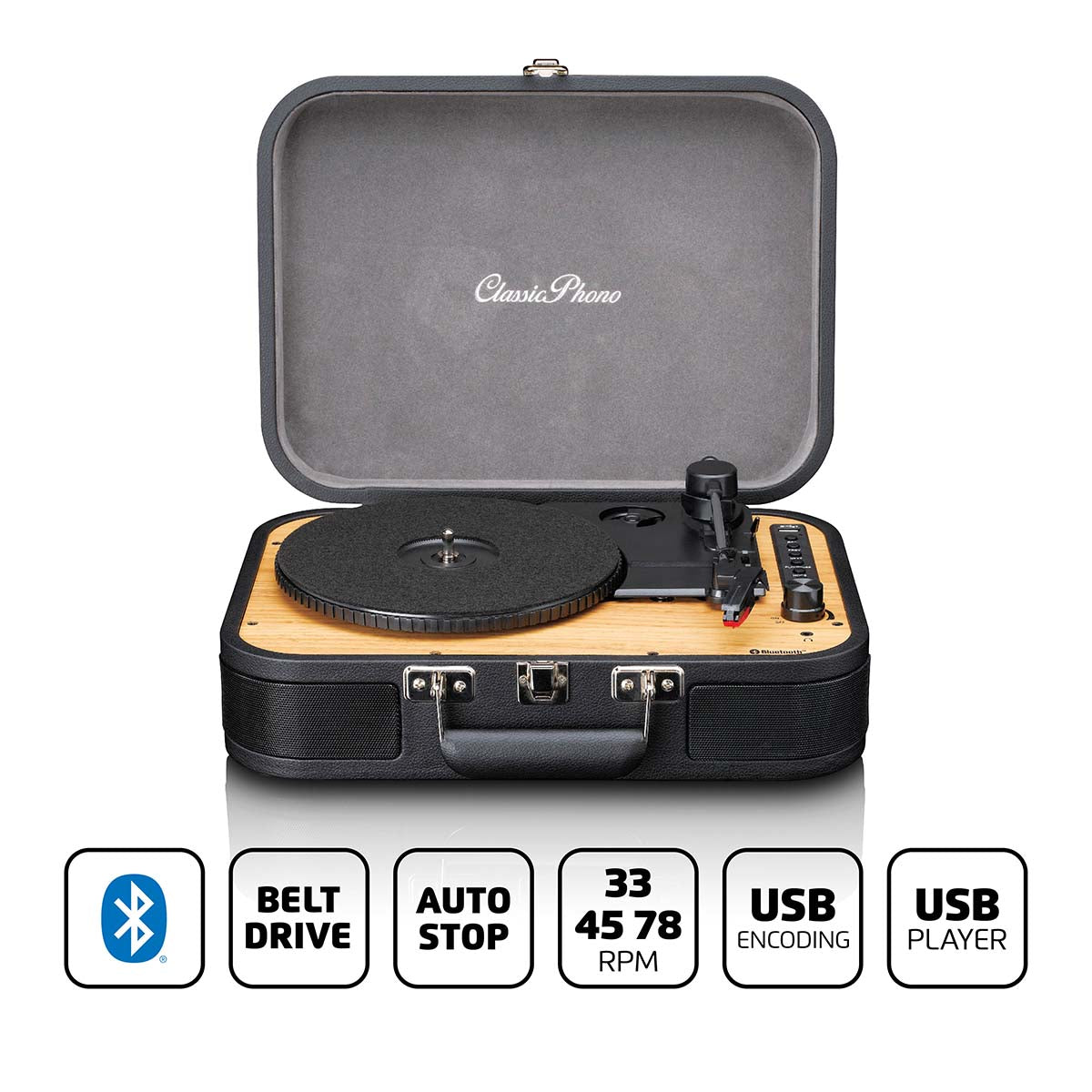 Retro Bluetooth® Plattenspieler mit eingebauten Lautsprechern Schwarz