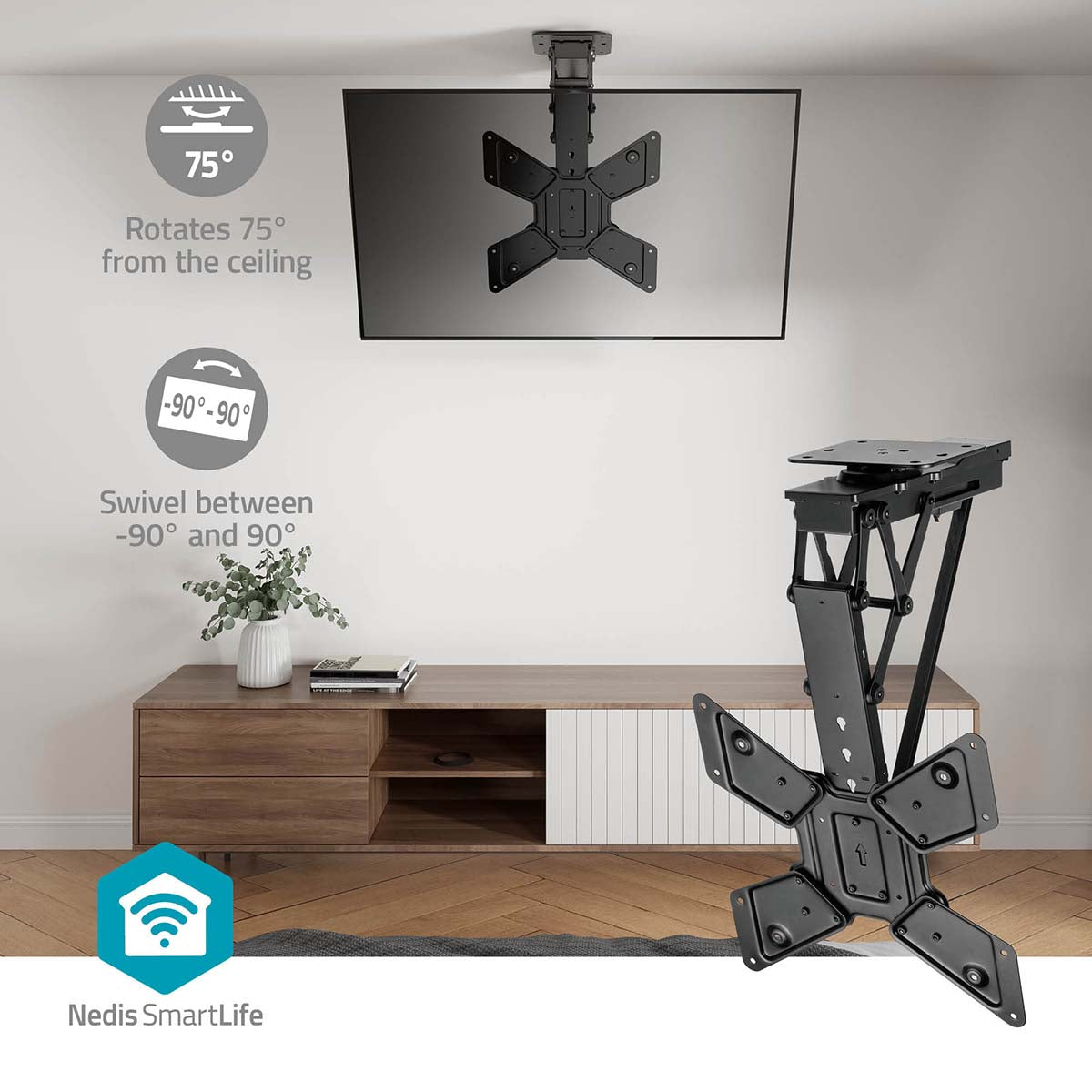 SmartLife Motorised TV Ceiling Mount | 23 - 65 " | Maximum supported screen weight: 30 kg | Rotatable | Tiltable | Minimum ceiling distance: 140 mm | Remote controlled | Steel | Black