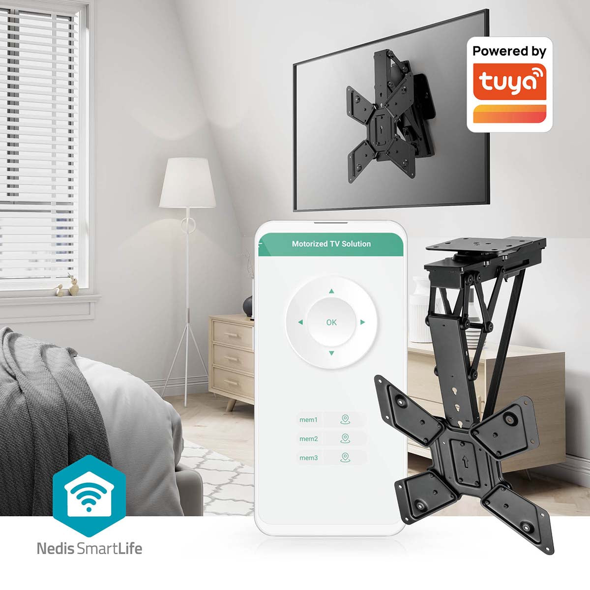 SmartLife Motorised TV Ceiling Mount | 23 - 65 " | Maximum supported screen weight: 30 kg | Rotatable | Tiltable | Minimum ceiling distance: 140 mm | Remote controlled | Steel | Black