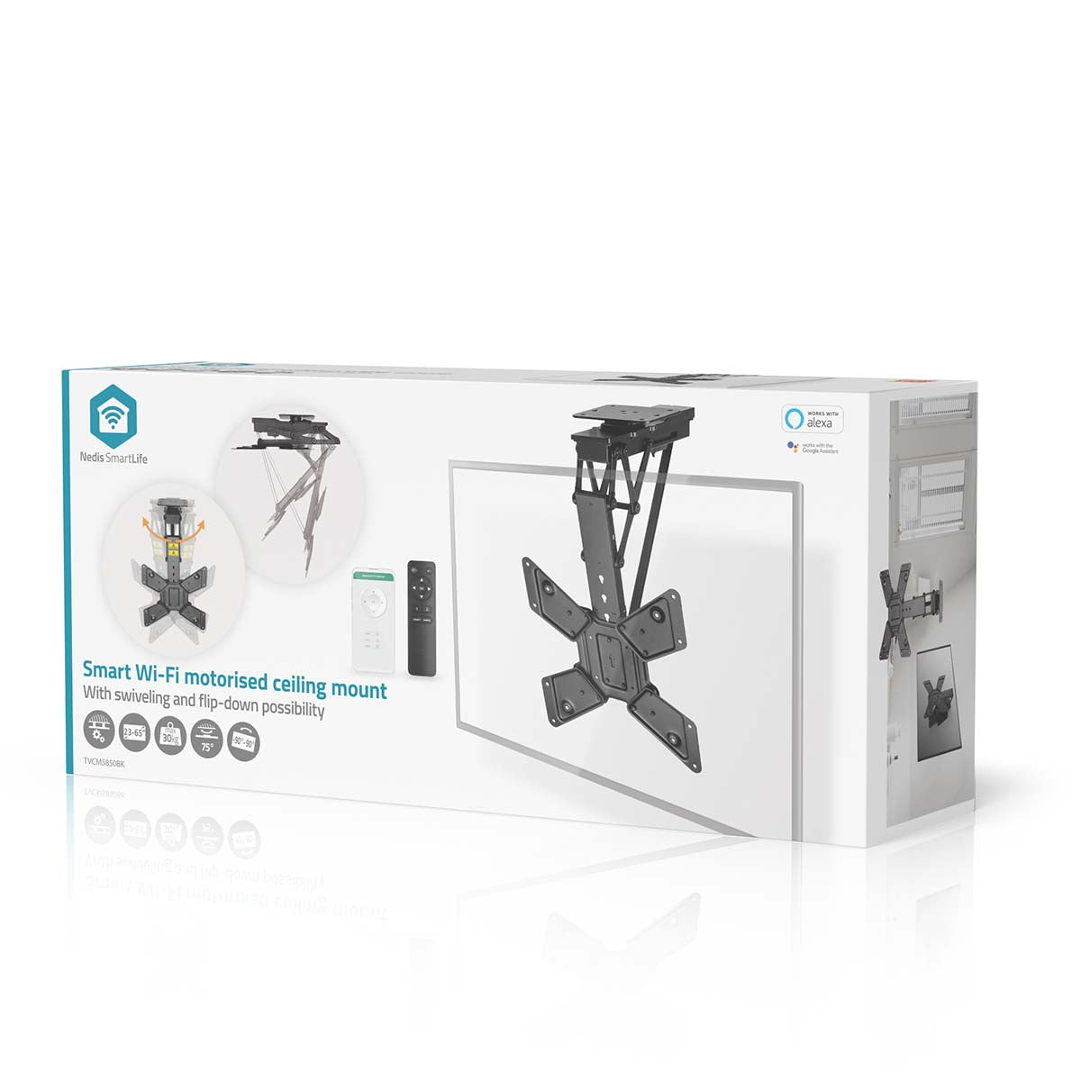 SmartLife Motorised TV Ceiling Mount | 23 - 65 " | Maximum supported screen weight: 30 kg | Rotatable | Tiltable | Minimum ceiling distance: 140 mm | Remote controlled | Steel | Black