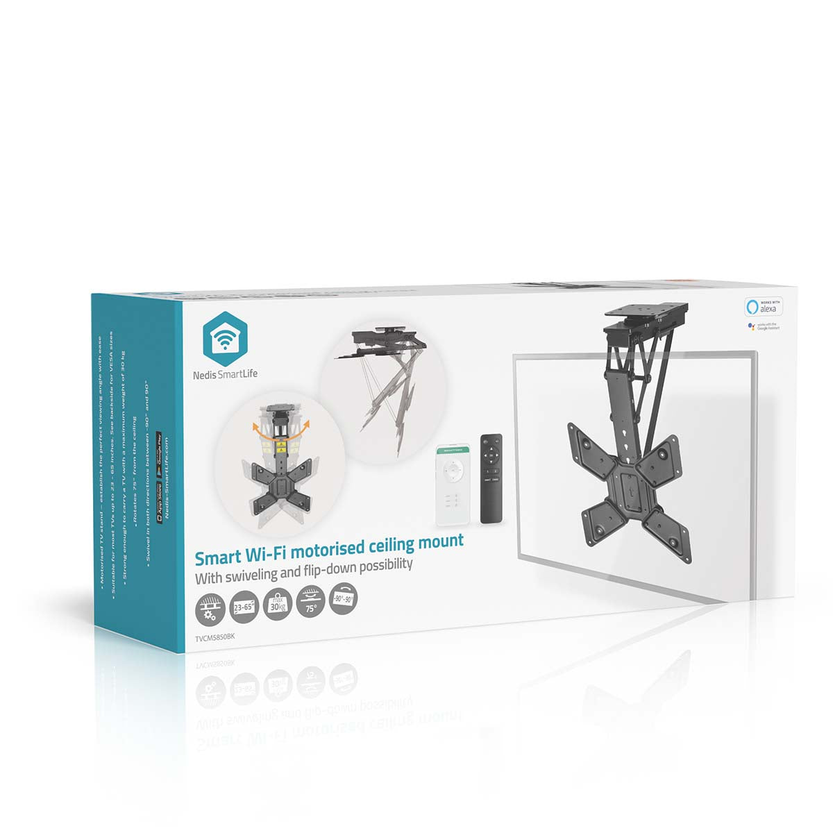 SmartLife Motorised TV Ceiling Mount | 23 - 65 " | Maximum supported screen weight: 30 kg | Rotatable | Tiltable | Minimum ceiling distance: 140 mm | Remote controlled | Steel | Black