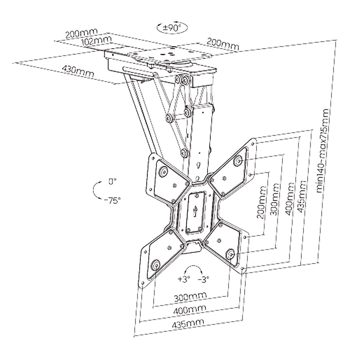 SmartLife Motorised TV Ceiling Mount | 23 - 65 " | Maximum supported screen weight: 30 kg | Rotatable | Tiltable | Minimum ceiling distance: 140 mm | Remote controlled | Steel | Black