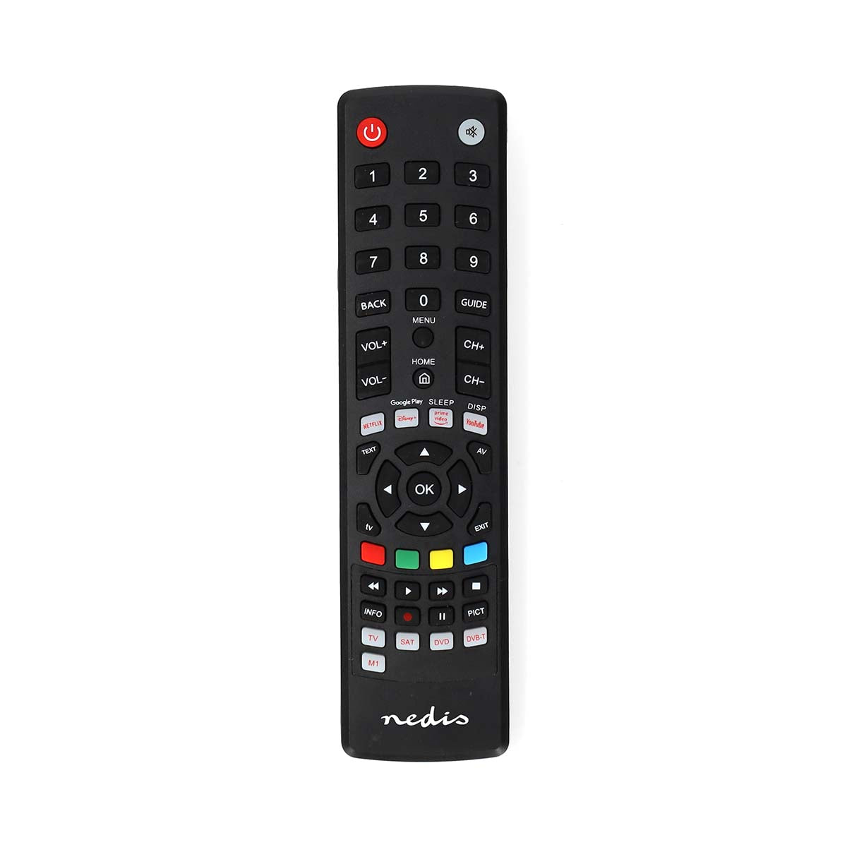 Universal-Fernbedienung | Vorprogrammiert | 4 Geräte | Amazon Prime / Disney + Button / Google Play Button / Netflix Button / Youtube Button | Infrarot | Schwarz
