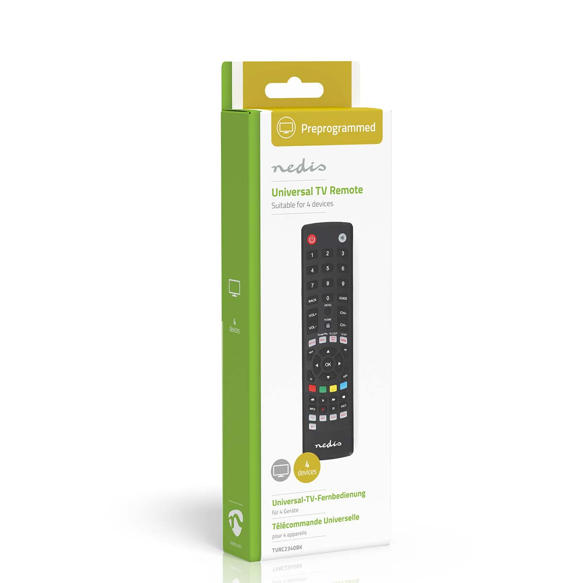 Universal-Fernbedienung | Vorprogrammiert | 4 Geräte | Amazon Prime / Disney + Button / Google Play Button / Netflix Button / Youtube Button | Infrarot | Schwarz