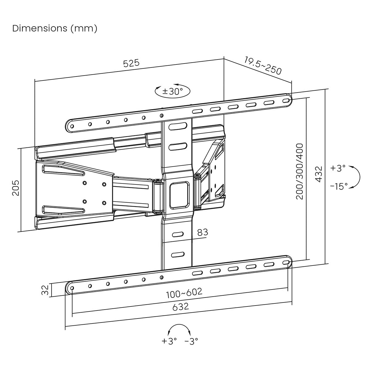 Vollbewegliche-TV-Wandhalterung | 43 - 90 " | maximal unterstützes Bildschirmgewicht: 50 kg | kippbar | drehbar | Minimaler Wandabstand: 19.6 mm | 2 Drehpunkt(e) | ABS / Metall | Schwarz