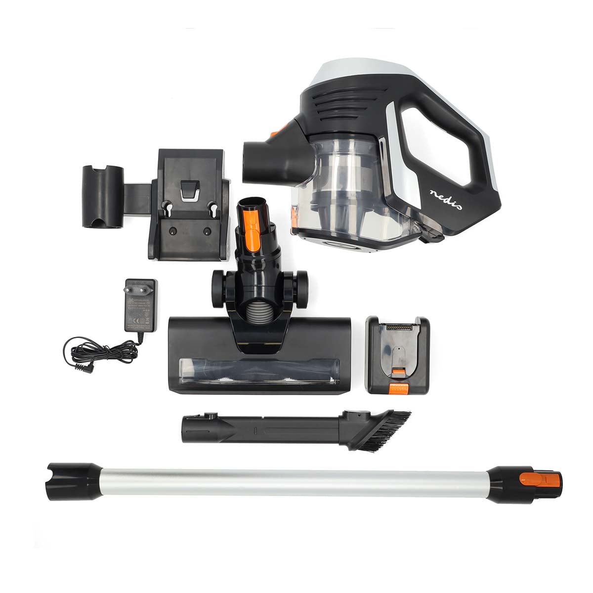 Stick Staubsauger | 130 W | 25.9 VAC | Motorisierte weiche Bürste mit integrierter Beleuchtung | 10000 Pa | HEPA Luftfilter | Orange / Schwarz