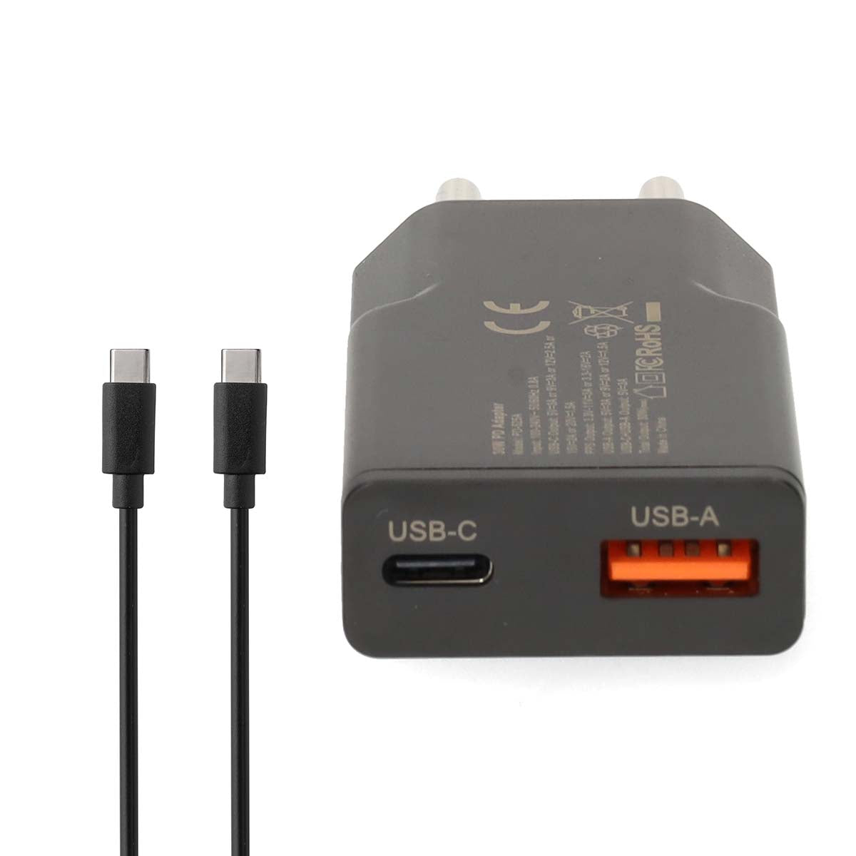 Netzladegerät | 20 W | GaN | PD3.0 | Schnellladefunktion | 1.5 / 2.0 / 2.22 A / 3.0 A | Anzahl der Ausgänge: 2 | USB-A / USB-C™ | USB Type-C™ (Lose) Kabel | 1.50 m | Automatische Spannungswahl | Schwarz