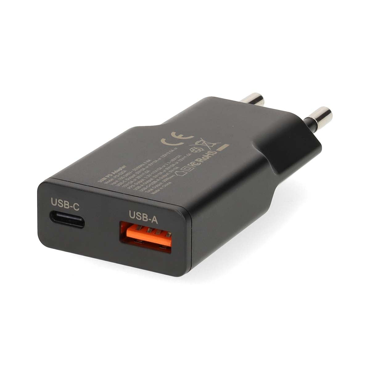 Netzladegerät | 30 W | GaN | PD3.0 30W | Schnellladefunktion | 1.5 / 2.0 / 2.5 / 3.0 A | Anzahl der Ausgänge: 2 | USB-A / USB-C™ | Automatische Spannungswahl | Schwarz