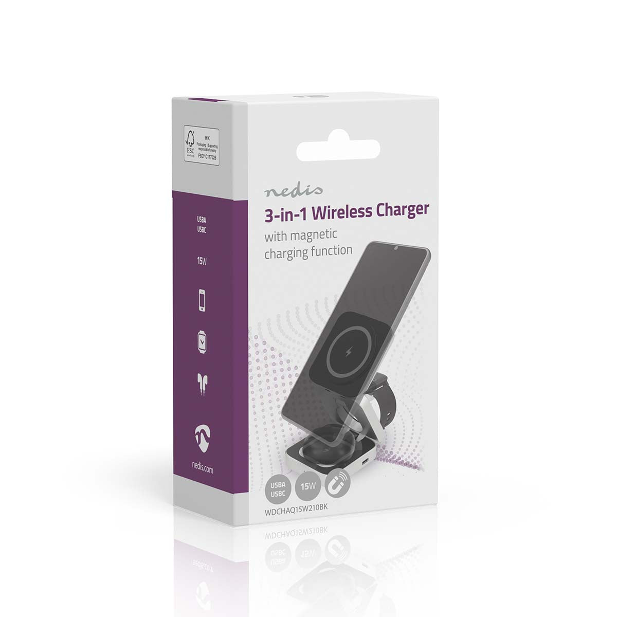 Drahtloses Ladegerät | 3 in 1 | 2.5 / 5 / 15 W | LED-Anzeige im Einsatz | inkl. Kabel | USB-A / USB-C™ | 1.00 m