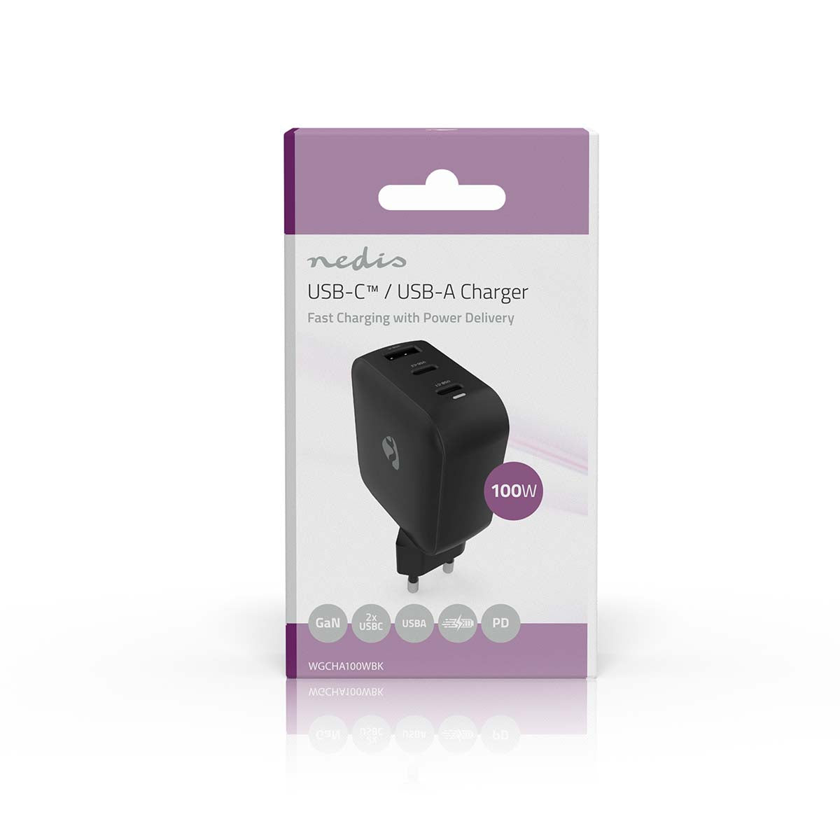 Netzladegerät | 100 W | GaN | PD3.0 | Schnellladefunktion | 2.5 / 3.0 / 5.0 A | Anzahl der Ausgänge: 3 | USB-A / 2x USB-C™ | Automatische Spannungswahl | Schwarz