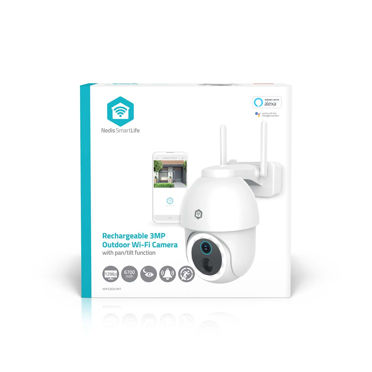 SmartLife Außenkamera | Wi-Fi | Spotlight | 3MP Full HD 1296p | Pan tilt | IP65 | Max. Batterie-Lebensdauer: 3 Monate | Cloud Storage (optional) / microSD (not enthalten) | 5 V DC | mit Bewegungssensor | Nachtsicht | Weiss