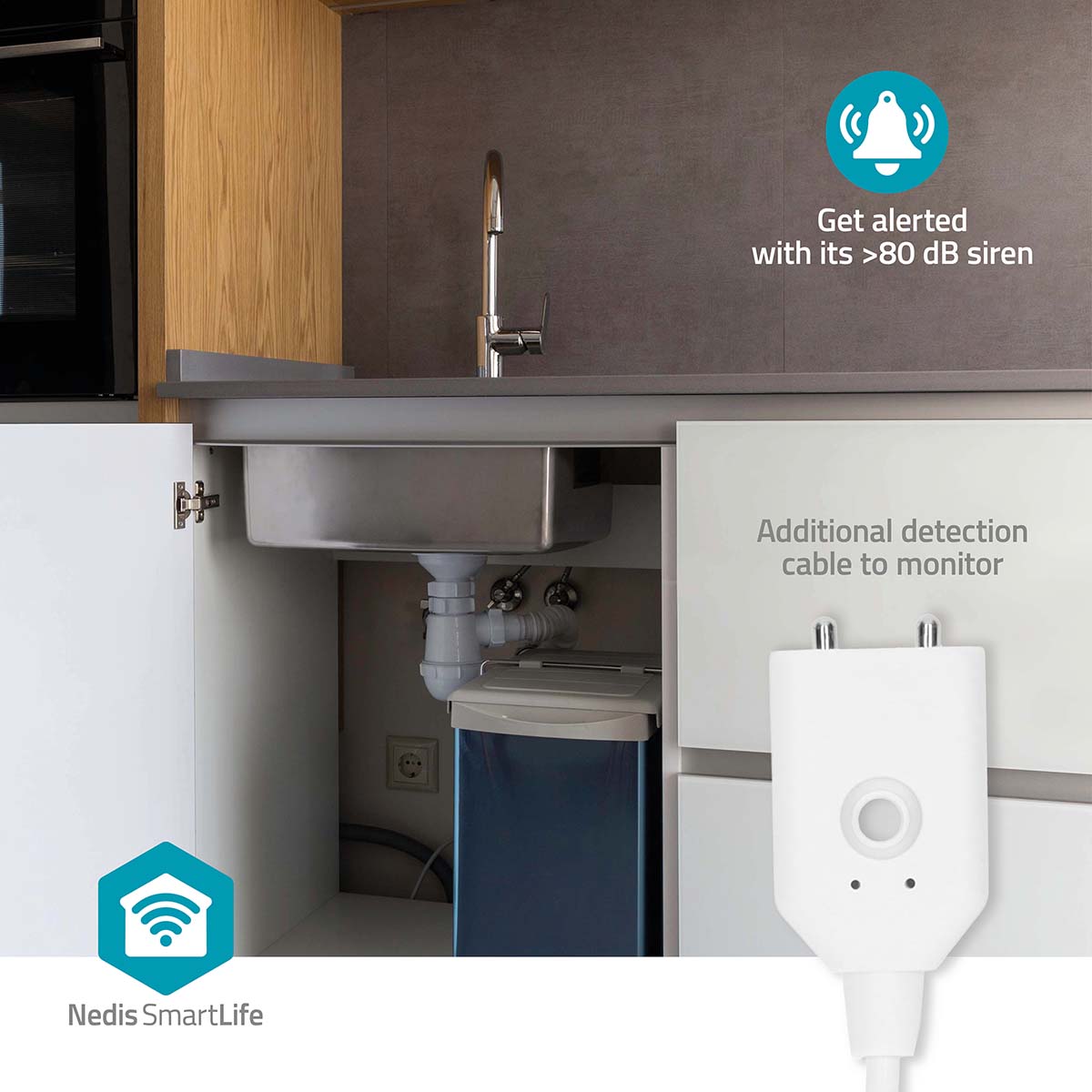 SmartLife Wassermelder | Wi-Fi | Batteriebetrieben | Verlängerung enthalten | Max. Batterie-Lebensdauer: 24 Monate | 80 dB | Weiss