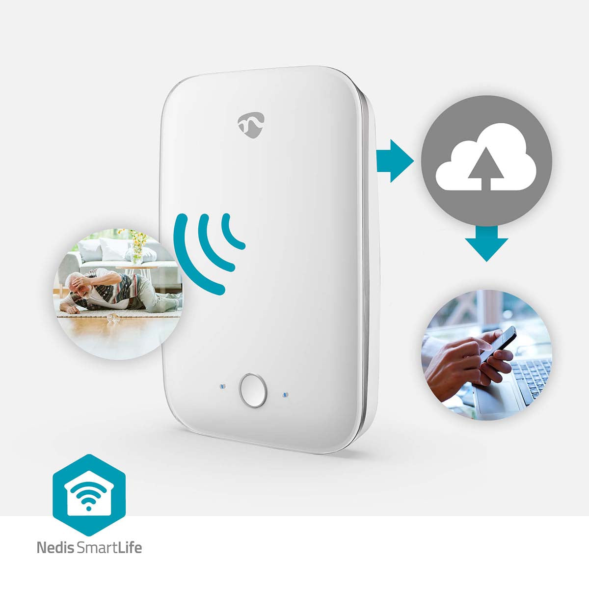 Sturzmelder | Wi-Fi | Erfassungsbereich: 7 m | Effektives Sichtfeld (horizontal): ±45° | Effektives Sichtfeld (vertikal): ±45° | IP54 | Weiss