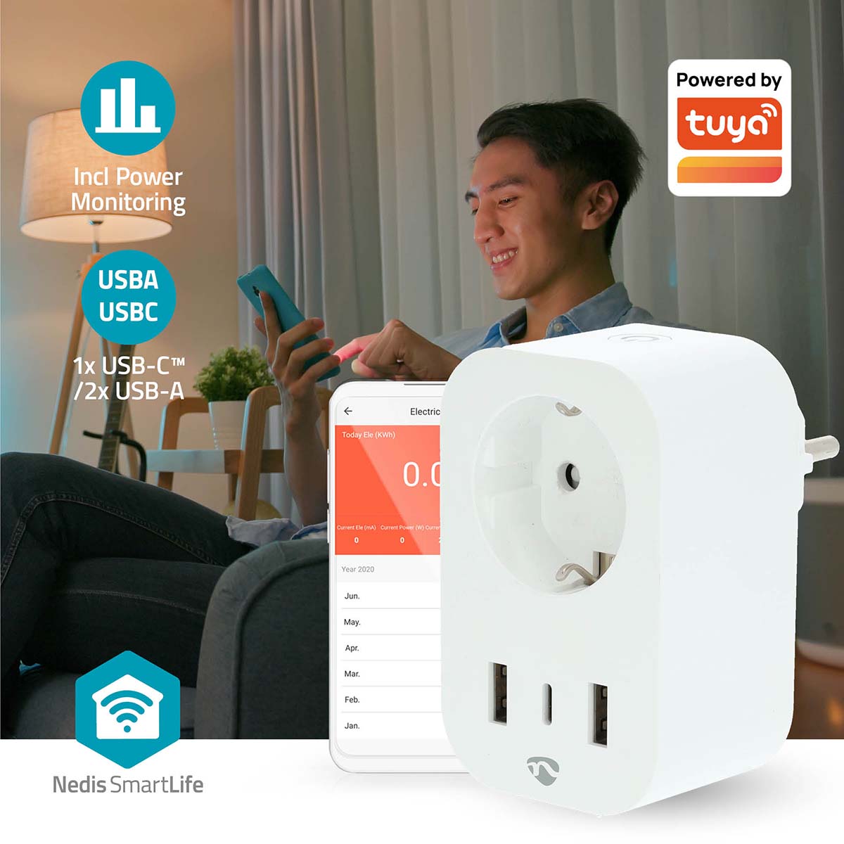 SmartLife Smart Stecker | Wi-Fi | IP21 | Leistungsmesser | 3680 W | Type F (CEE 7/7) / 1x USB-C™ / 2x USB | 0 - 55 °C | Android™ / IOS | Weiss | 1 Stück