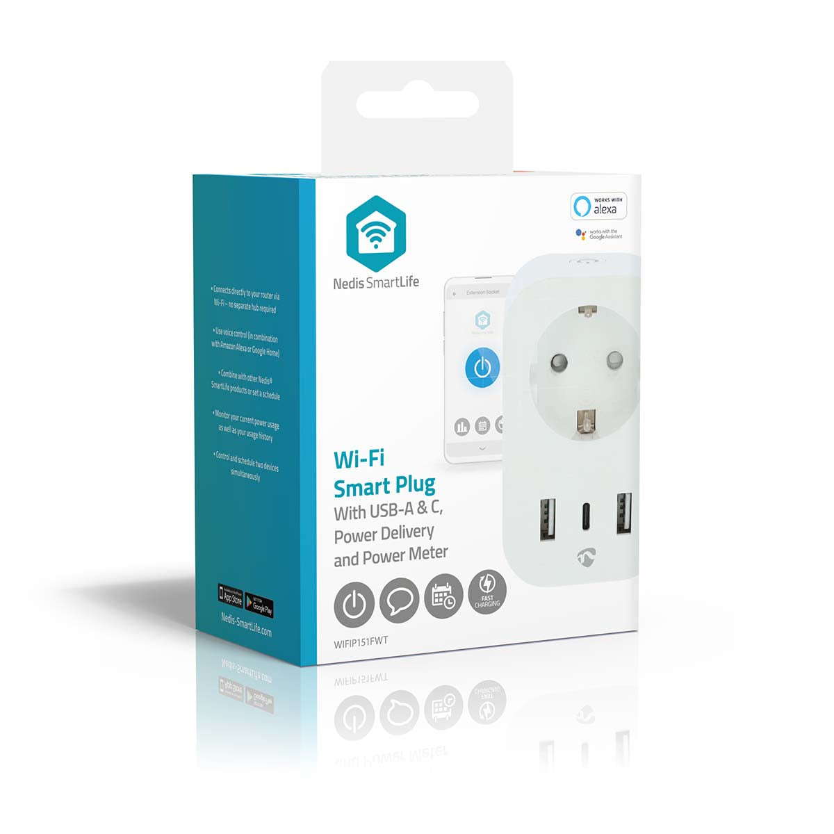 SmartLife Smart Stecker | Wi-Fi | IP21 | Leistungsmesser | 3680 W | Type F (CEE 7/7) / 1x USB-C™ / 2x USB | 0 - 55 °C | Android™ / IOS | Weiss | 1 Stück