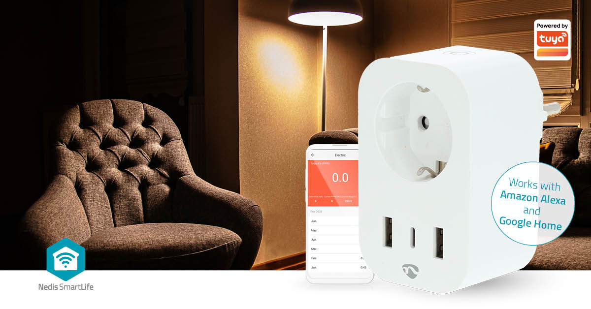 SmartLife Smart Stecker | Wi-Fi | IP21 | Leistungsmesser | 3680 W | Type F (CEE 7/7) / 1x USB-C™ / 2x USB | 0 - 55 °C | Android™ / IOS | Weiss | 1 Stück