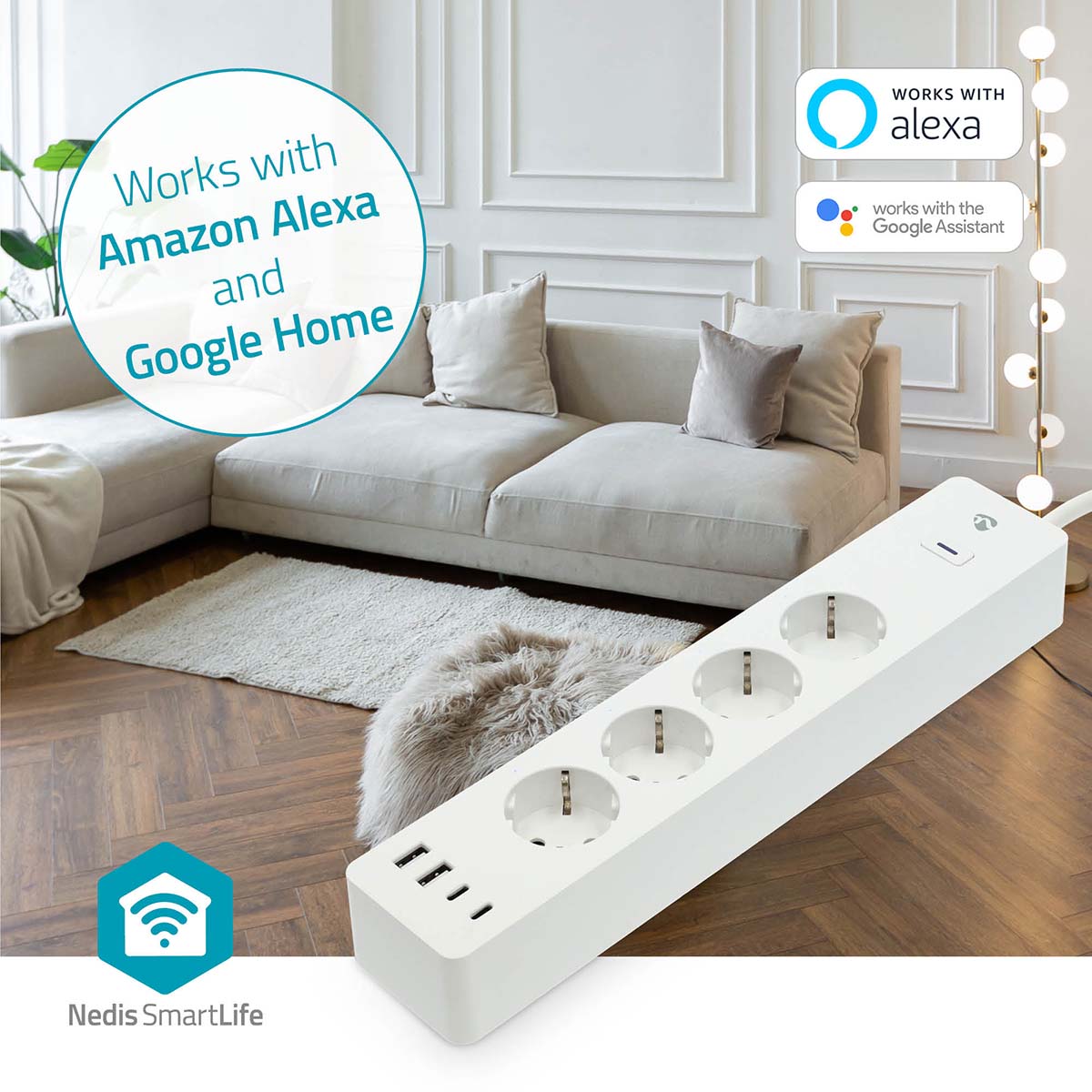 SmartLife Power Strip | Wi-Fi | Hybrid (CEE 7/7) / USB A / USB-C™ | 16 A | 3680 W | 2.00 m | 0 - 55 °C | Android™ / IOS | Weiss