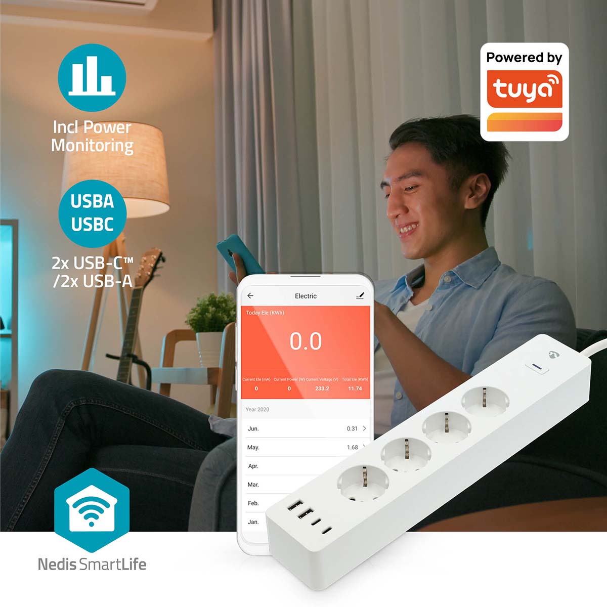 SmartLife Power Strip | Wi-Fi | Hybrid (CEE 7/7) / USB A / USB-C™ | 16 A | 3680 W | 2.00 m | 0 - 55 °C | Android™ / IOS | Weiss