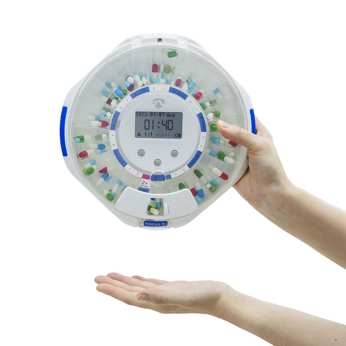 SmartLife Pillenspender | Wi-Fi | 28 Fächer | Anzahl der Alarmzeiten: 9 Weckzeiten pro Tag | Licht / Piep / Stimme | LCD-Anzeige | Weiss