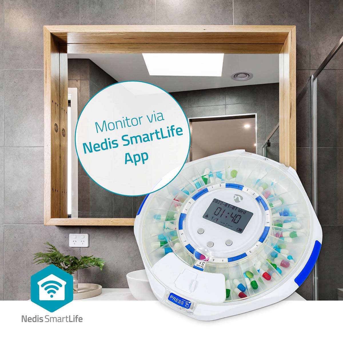 SmartLife Pillenspender | Wi-Fi | 28 Fächer | Anzahl der Alarmzeiten: 9 Weckzeiten pro Tag | Licht / Piep / Stimme | LCD-Anzeige | Weiss