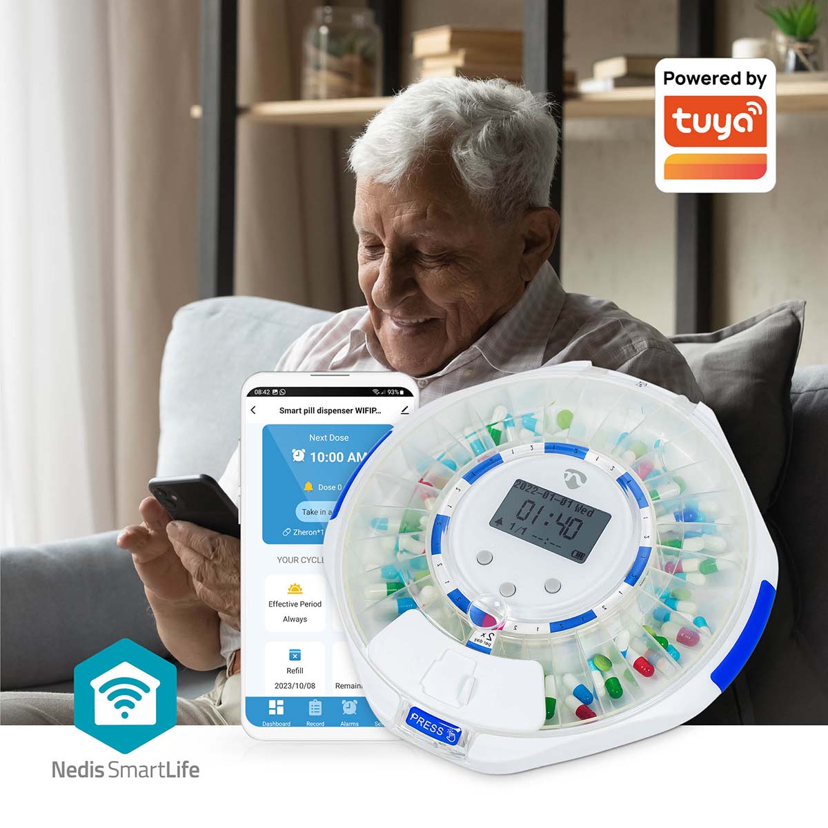 SmartLife Pillenspender | Wi-Fi | 28 Fächer | Anzahl der Alarmzeiten: 9 Weckzeiten pro Tag | Licht / Piep / Stimme | LCD-Anzeige | Weiss