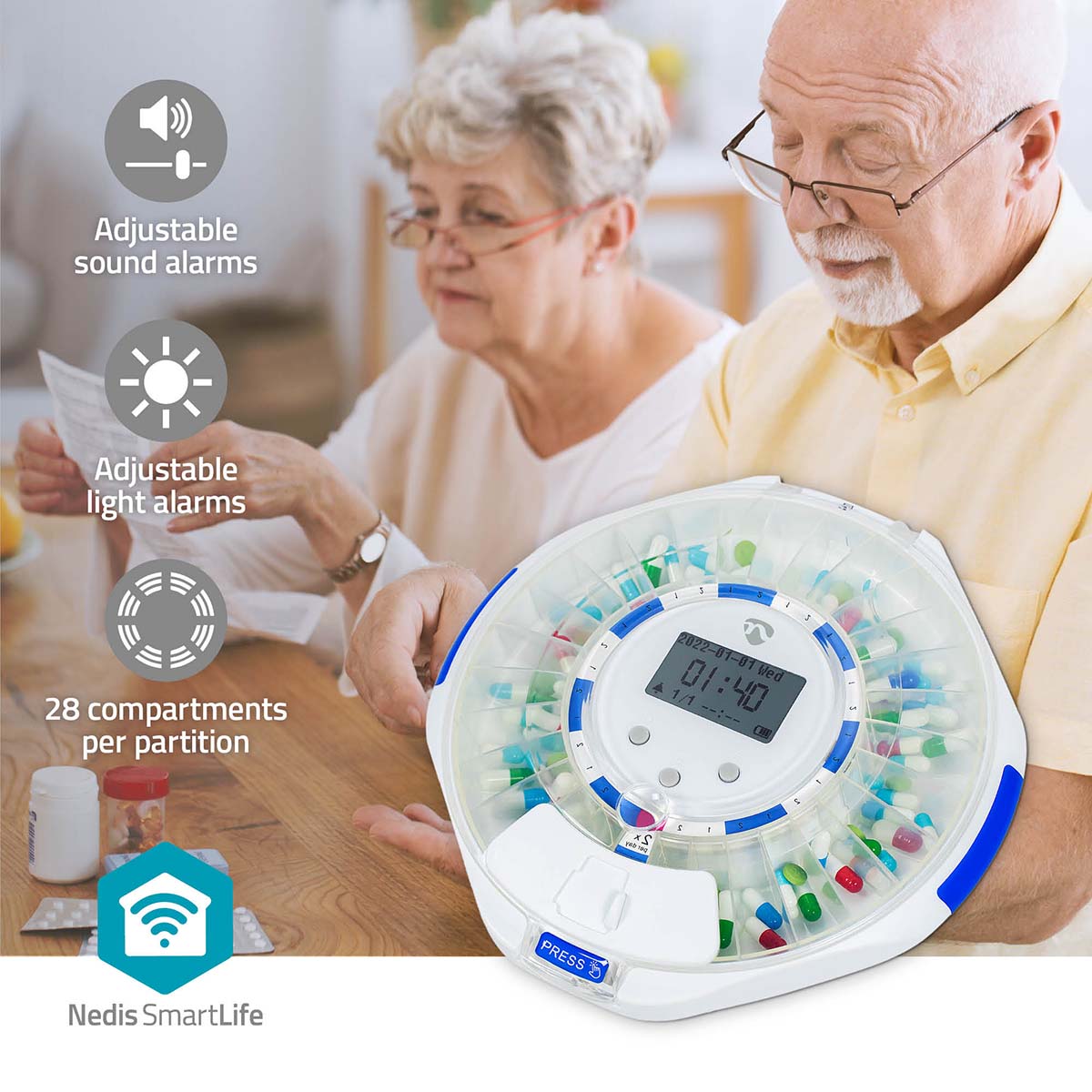 SmartLife Pillenspender | Wi-Fi | 28 Fächer | Anzahl der Alarmzeiten: 9 Weckzeiten pro Tag | Licht / Piep / Stimme | LCD-Anzeige | Weiss