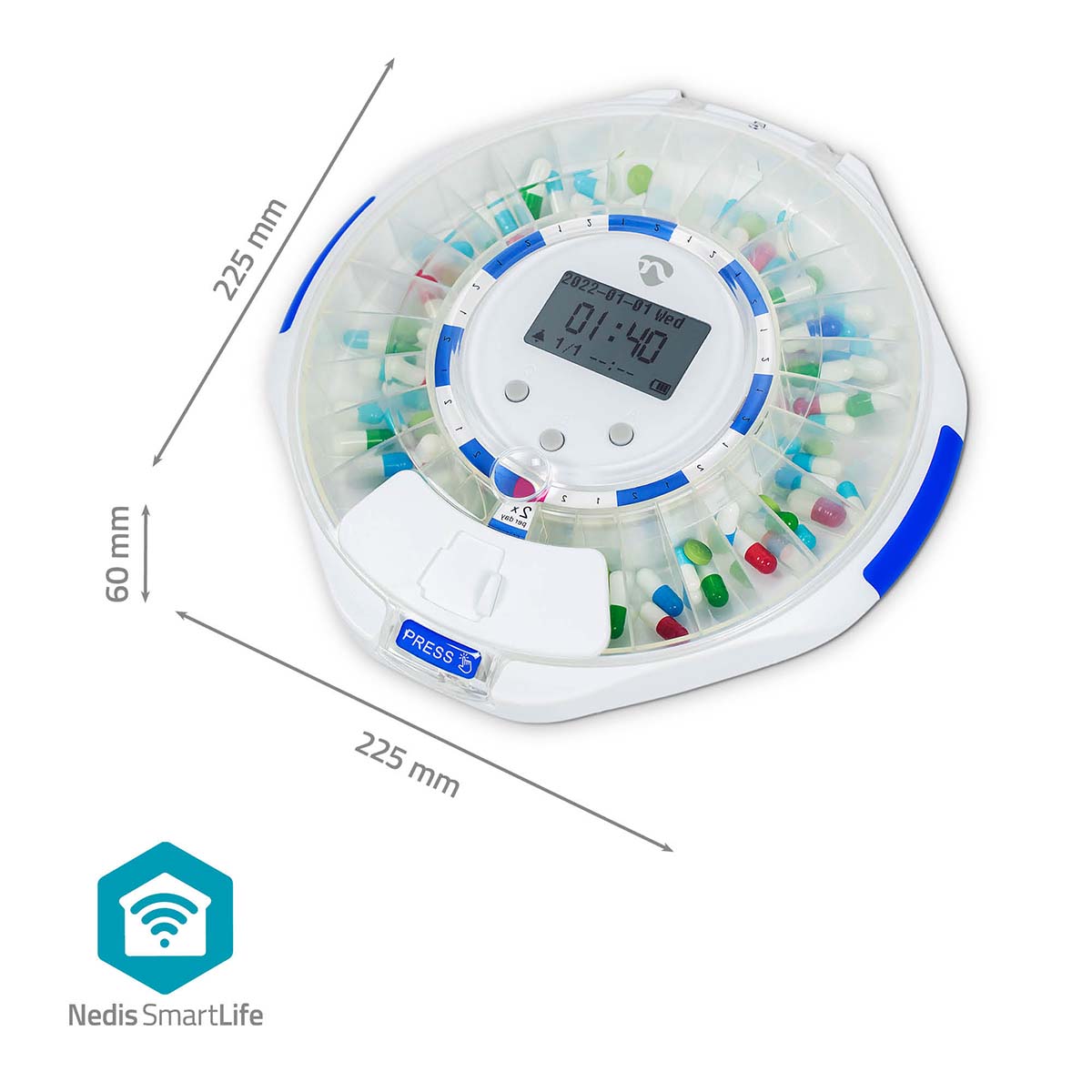 SmartLife Pillenspender | Wi-Fi | 28 Fächer | Anzahl der Alarmzeiten: 9 Weckzeiten pro Tag | Licht / Piep / Stimme | LCD-Anzeige | Weiss