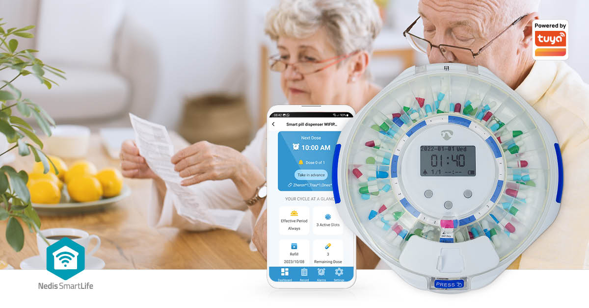 SmartLife Pillenspender | Wi-Fi | 28 Fächer | Anzahl der Alarmzeiten: 9 Weckzeiten pro Tag | Licht / Piep / Stimme | LCD-Anzeige | Weiss