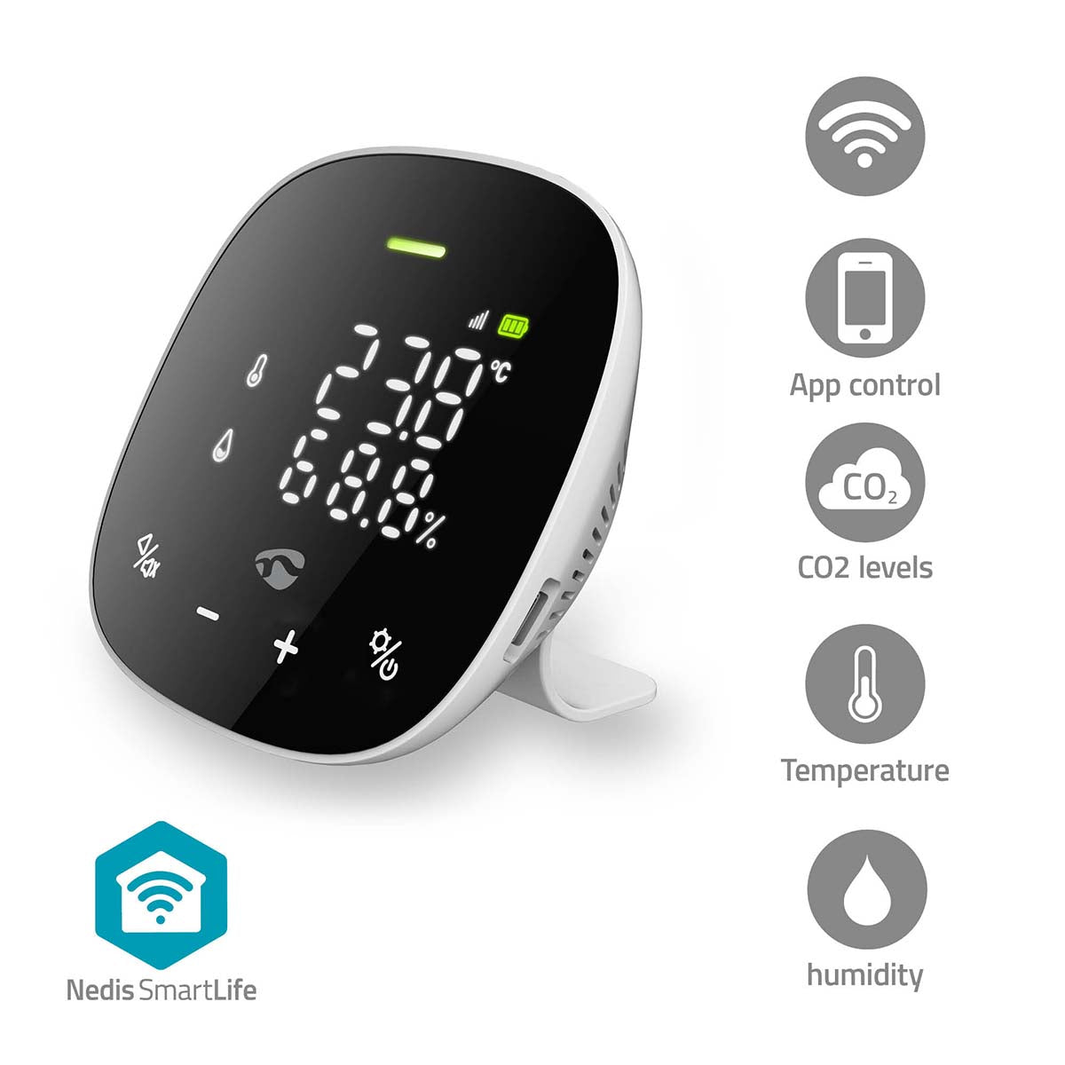 SmartLife Luftqualitätsmonitor | Wi-Fi | inkl. Display | Kohlendioxid (CO2) / Luftfeuchtigkeit / Temperatur | Android™ / IOS | Schwarz / Weiss