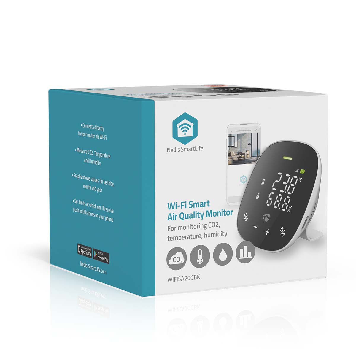 SmartLife Luftqualitätsmonitor | Wi-Fi | inkl. Display | Kohlendioxid (CO2) / Luftfeuchtigkeit / Temperatur | Android™ / IOS | Schwarz / Weiss