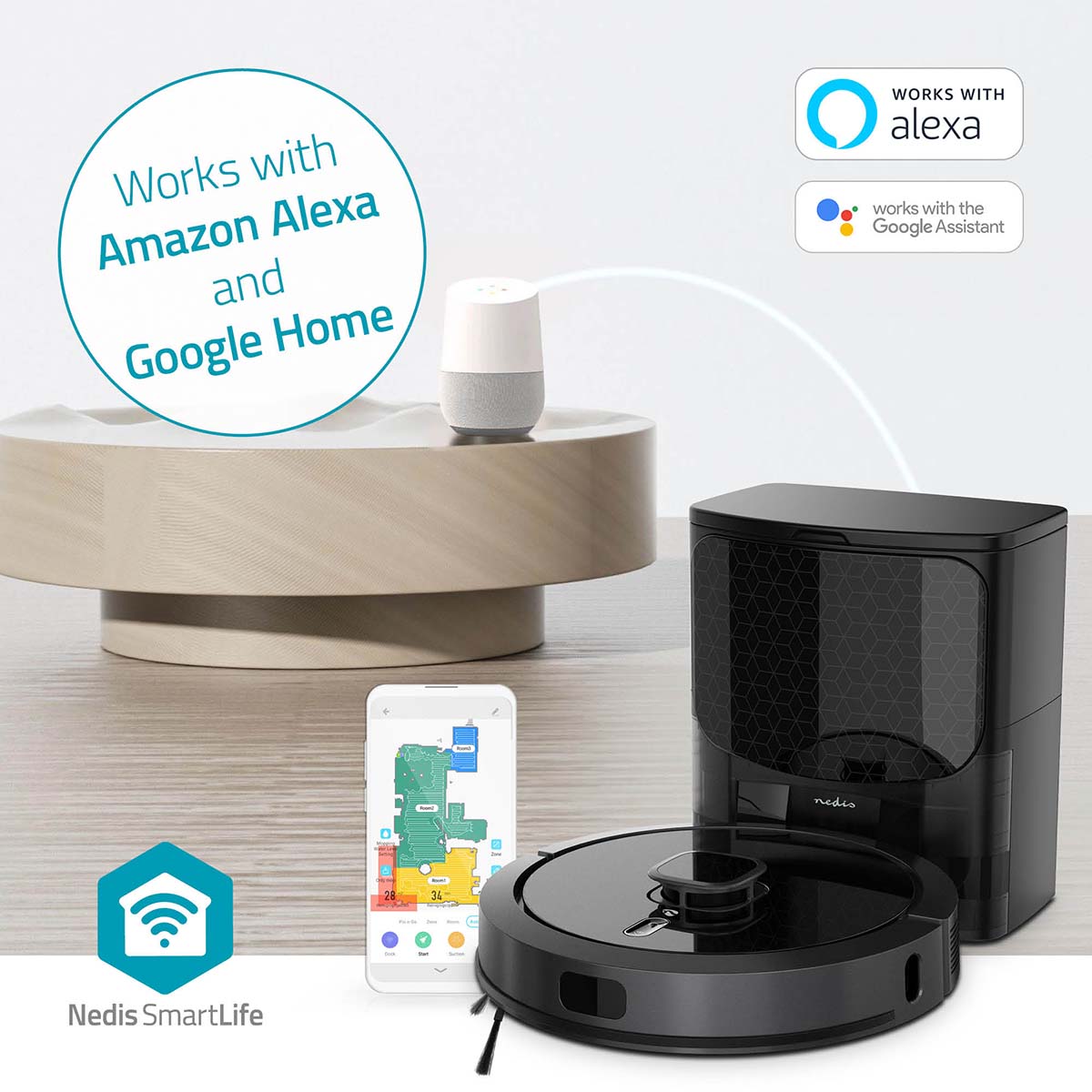 SmartLife Roboter-Staubsauger | Laser-Navigation | Wi-Fi | Kapazität Auffangbehälter: 0.6 l | Automatisches Laden | Maximale Betriebszeit: 3 Std | Schwarz | Android™ / IOS