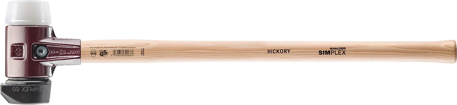 SIMPLEX-Schonhammer Halder mit TE-Gehäuse und Holzstiel, Ø 60 mm, Stiel 700 mm, Gummikomposition mit Standfuß/Superplastik