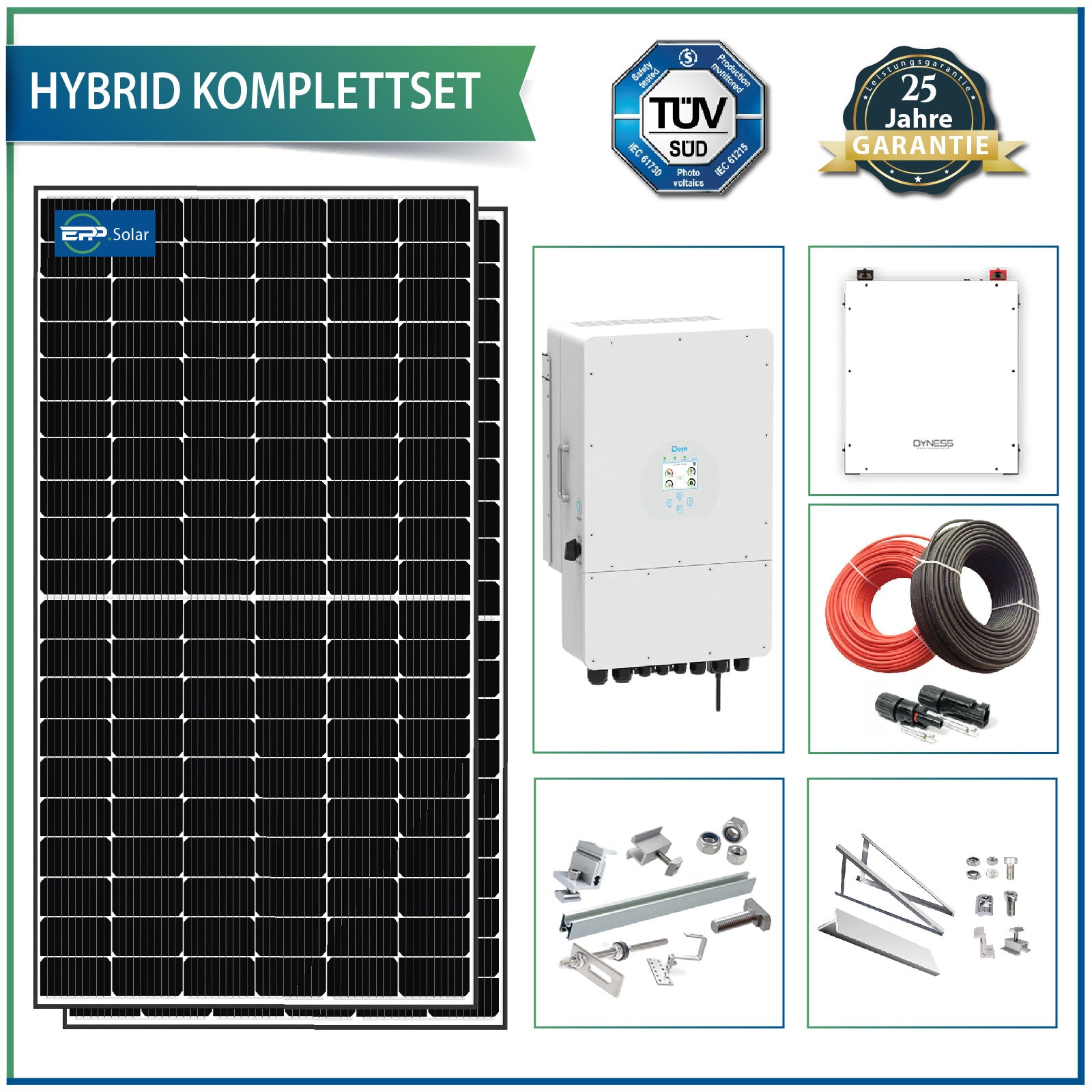 asdec life® Photovoltaik Komplettpaket 5 - Hybrid 10 KW mit Batterie Energie-Speichersystem Ziegeldach hochkant