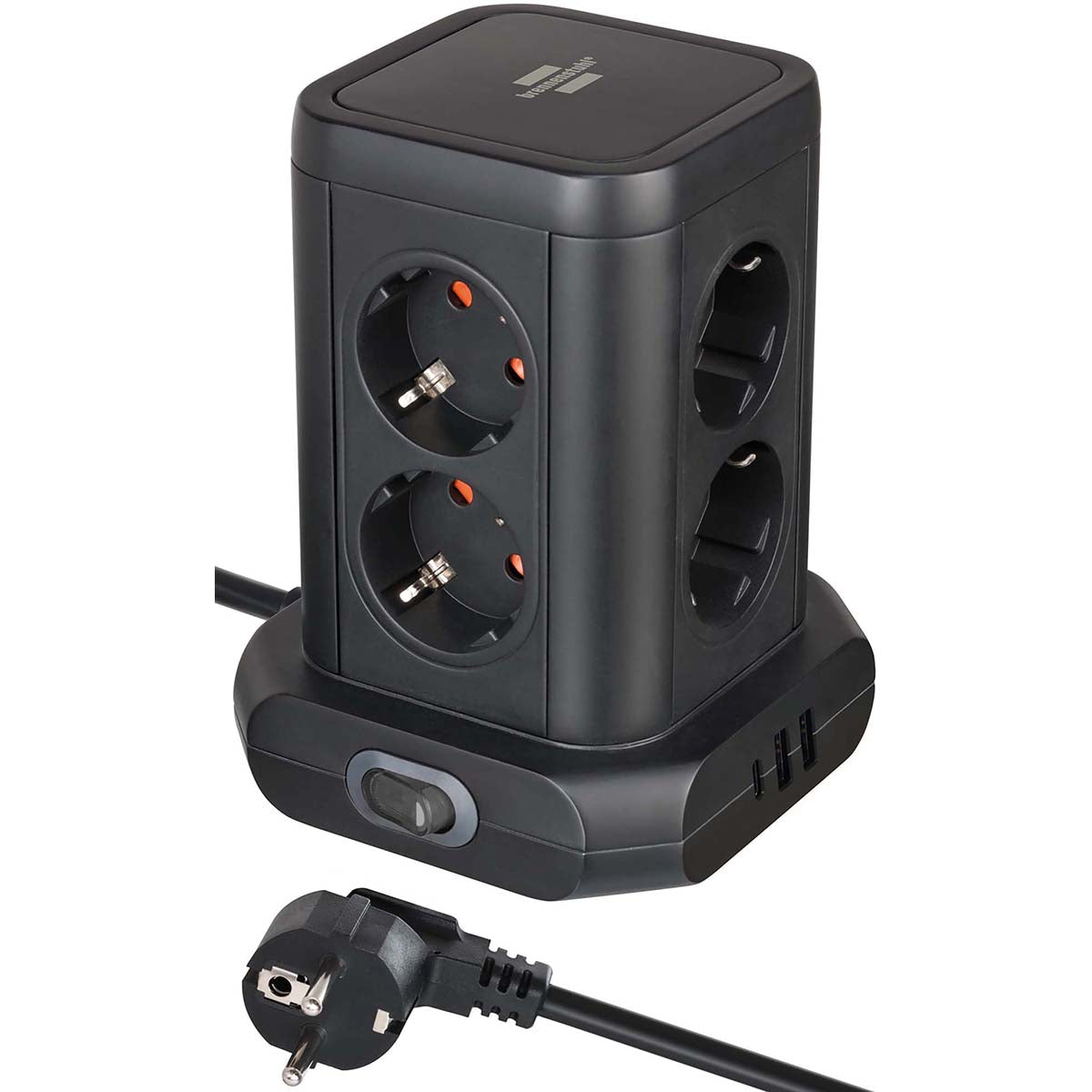 Powerstrip Tower mit 8 Powerstrips in 45°-Konfiguration (2x USB A & 1x USB C Power Delivery, mit 2m Kabel, zweipoliger Schalter)