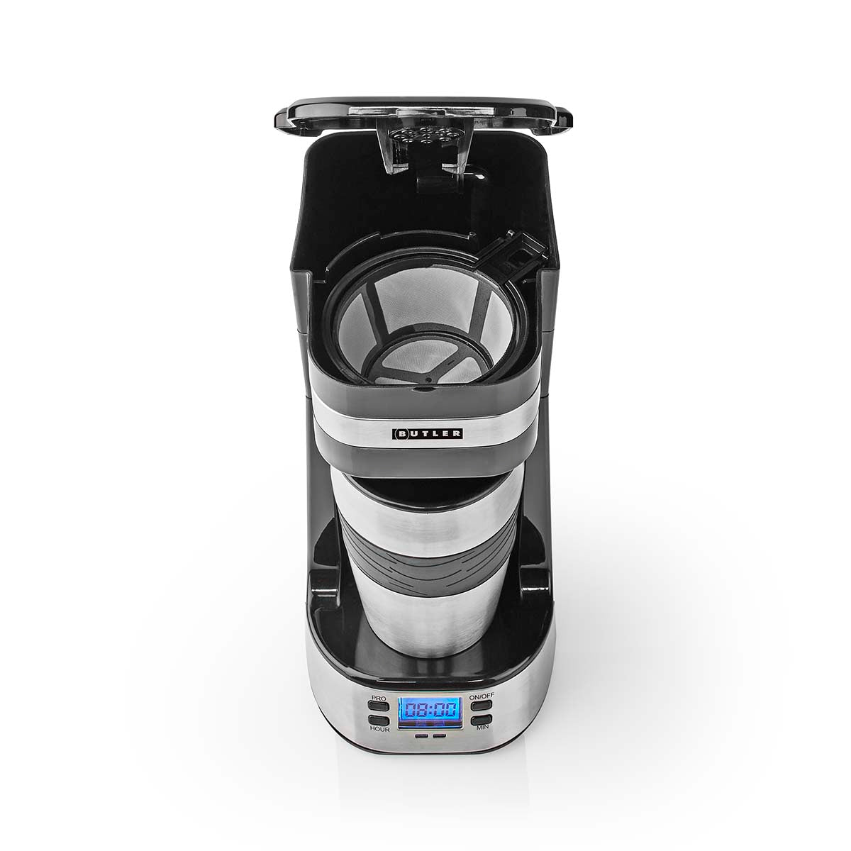 Einzelportions-Kaffeemaschine | 0,4 l | 750 W | Timer-Funktion | Isolierter Reisebecher | Automatische Abschaltung | LCD-Display | Schwarz