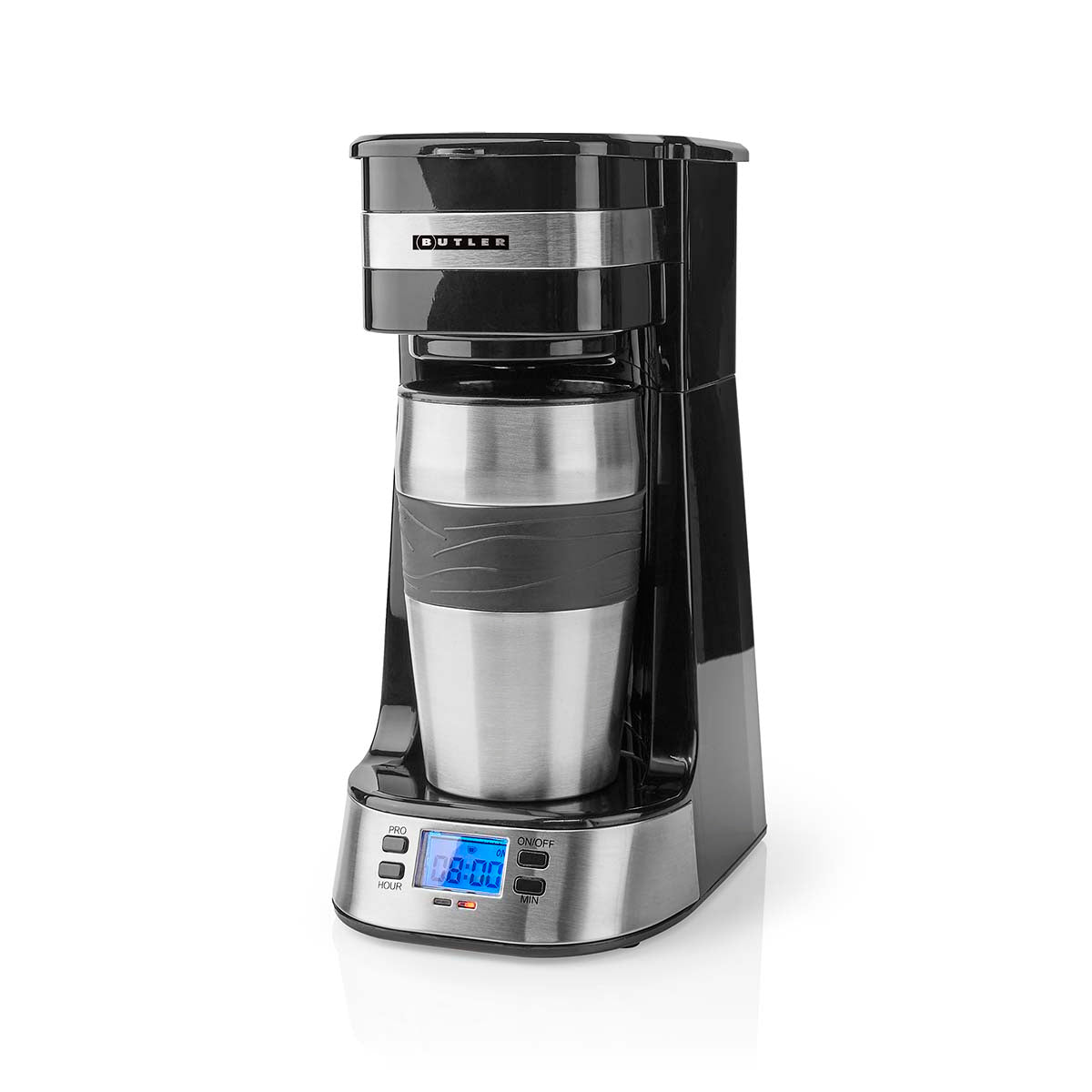 Einzelportions-Kaffeemaschine | 0,4 l | 750 W | Timer-Funktion | Isolierter Reisebecher | Automatische Abschaltung | LCD-Display | Schwarz