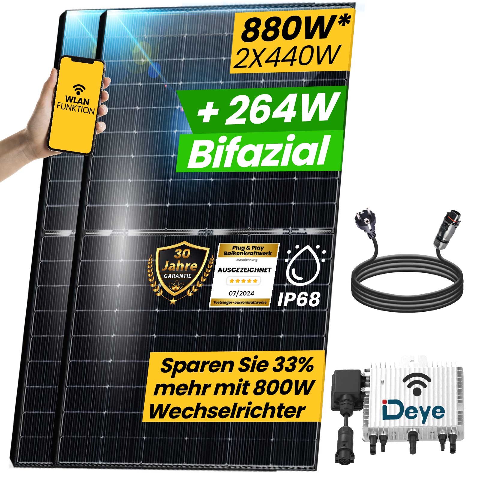 asdec life ®Solar- Balkonkraftwerk 880 Watt Photovoltaik  upgrade fähiger Deye 800 W Wechselrichter 10 mtr.Schuko Stecker