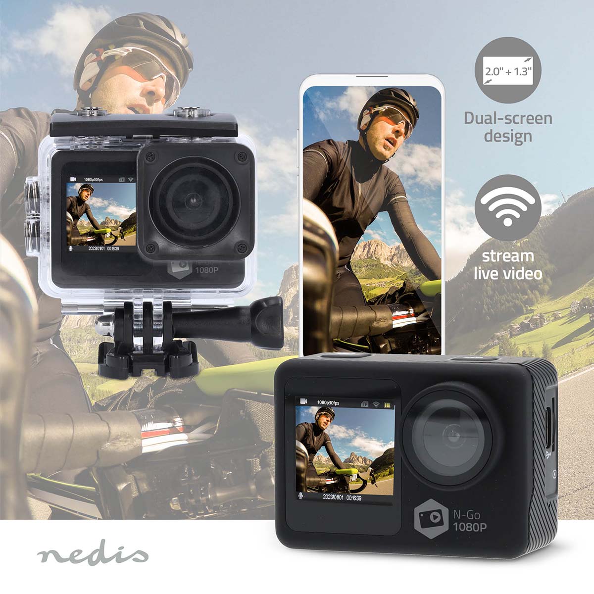Action Cam | Dualer Bildschirm | 1080p@30fps | 12 MPixel | Wasserdicht bis: 30.0 m | 70 min | Wi-Fi | App erhältlich für: Android™ / IOS | Inkl. halterung | Schwarz