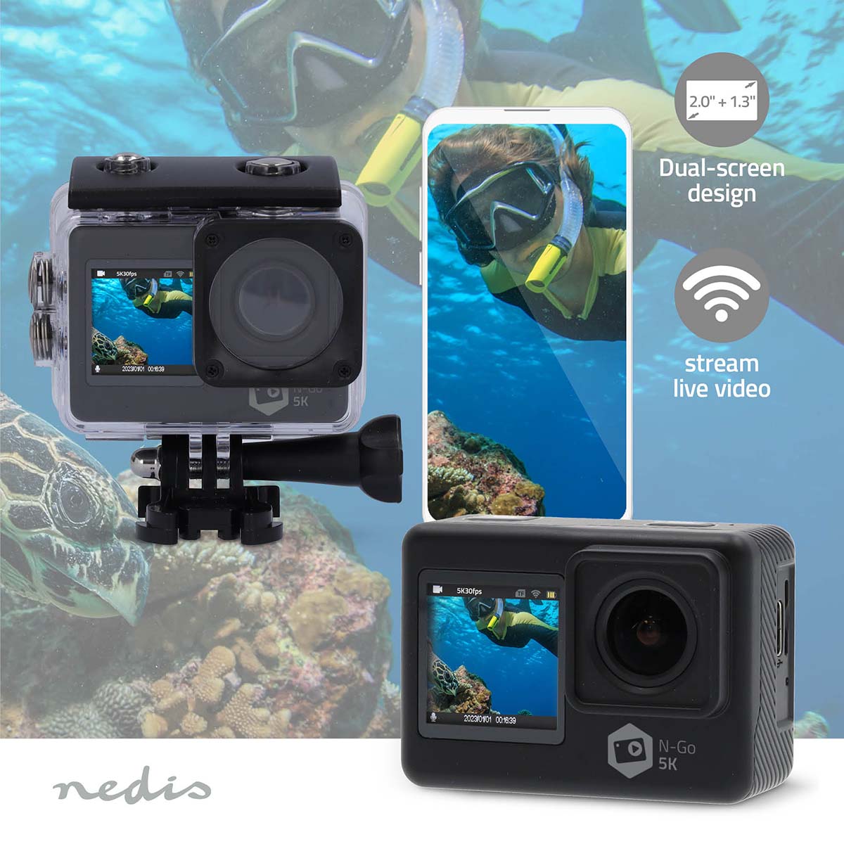Action Cam | Dualer Bildschirm | 5K@30fps | 16 MPixel | Wasserdicht bis: 30.0 m | 80 min | Wi-Fi | App erhältlich für: Android™ / IOS | Inkl. halterung | Schwarz