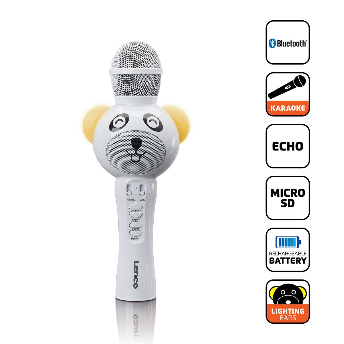 Karaoke microphone with Bluetooth®, SD slot, lighting, Aux out, white