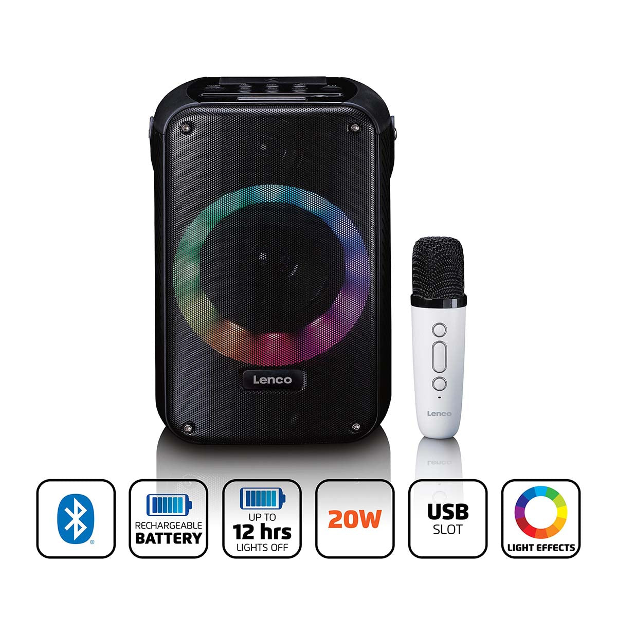 Karaoke-System mit Bluetooth®, wiederaufladbarem Akku, drahtlosem Karaoke-Mikrofon und Disco-LED-Beleuchtung Schwarz