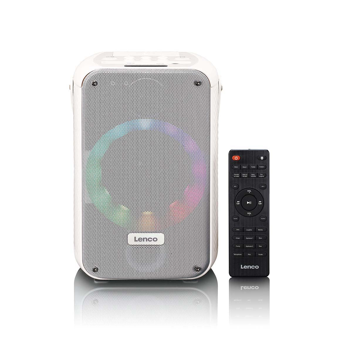 Karaoke-System mit Bluetooth®, wiederaufladbarem Akku, drahtlosem Karaoke-Mikrofon und Disco-LED-Beleuchtung Weiß