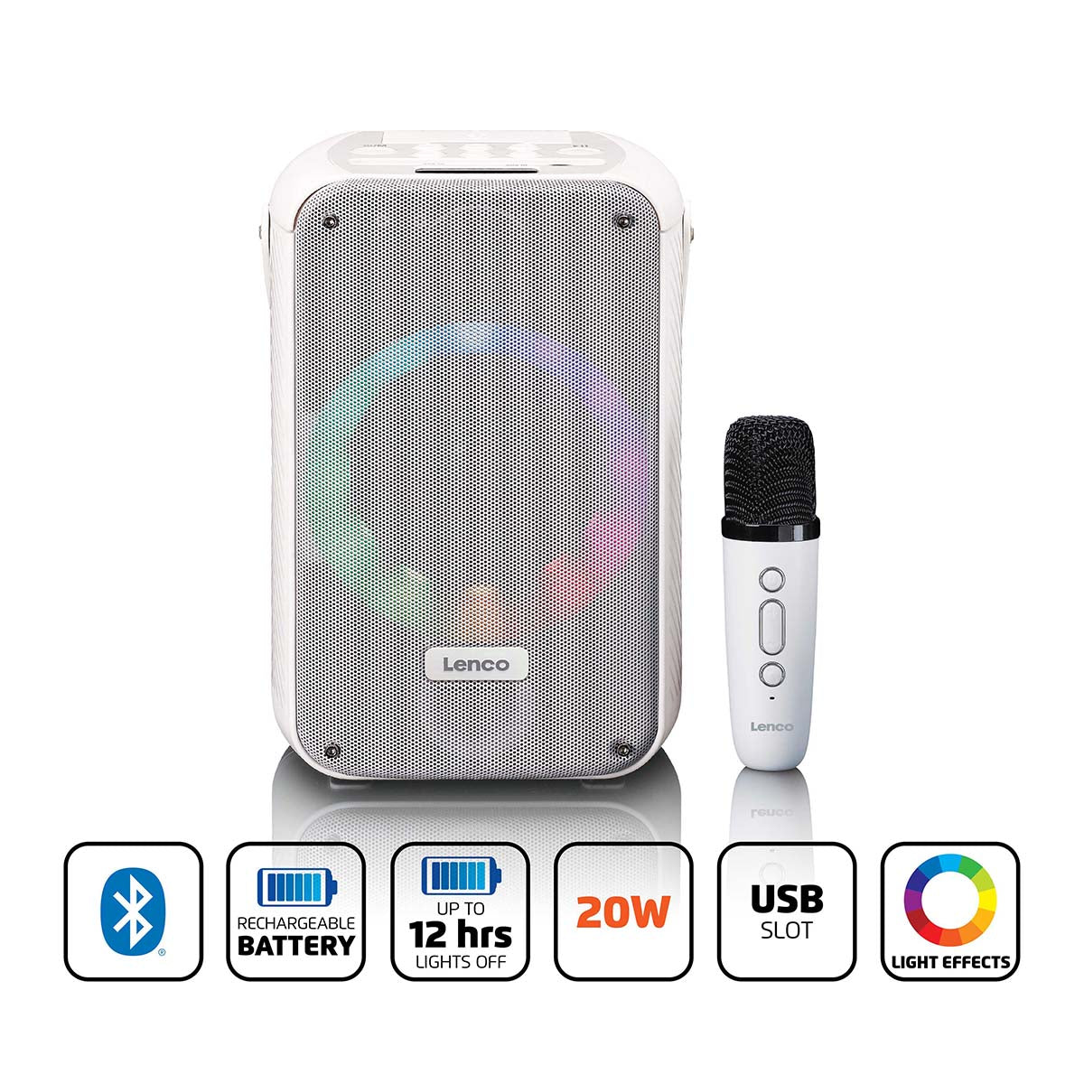 Karaoke-System mit Bluetooth®, wiederaufladbarem Akku, drahtlosem Karaoke-Mikrofon und Disco-LED-Beleuchtung Weiß