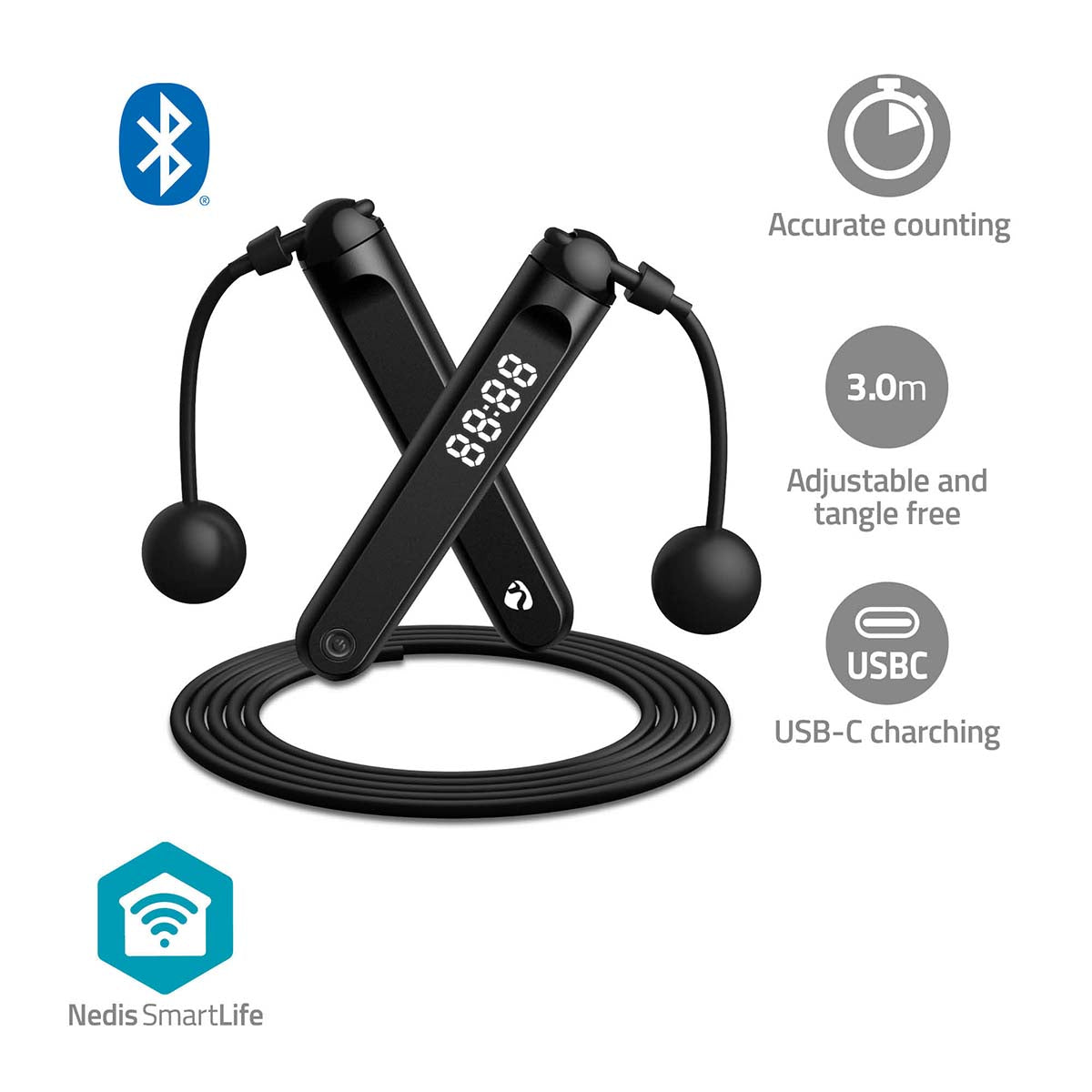 SmartLife Outdoor-Sport | Sprungseil | Bluetooth® | Dual Hall sensor | LED-Anzeige | PVC | 3.00 m | Akku-Bälle / Beutel mit Kordelzug | Schwarz