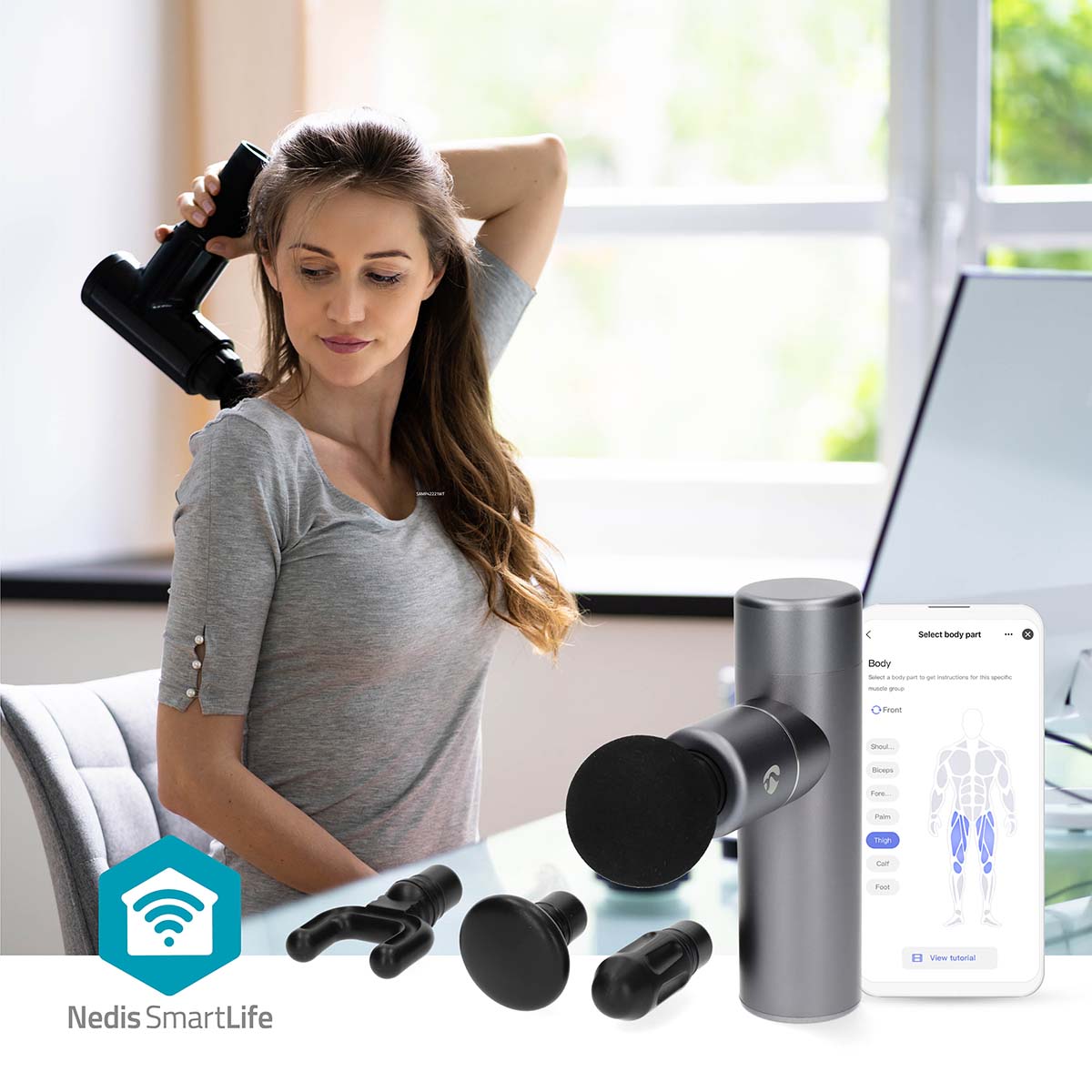 SmartLife Sport-Massagepistole | Akkubetrieben | N/A | Wiederaufladbar | 5 Massagemodi | Beutel mit Kordelzug / Flachkopf / Konischer Kopf / Kugelkopf / U-förmiger Kopf | Dunkelgrau