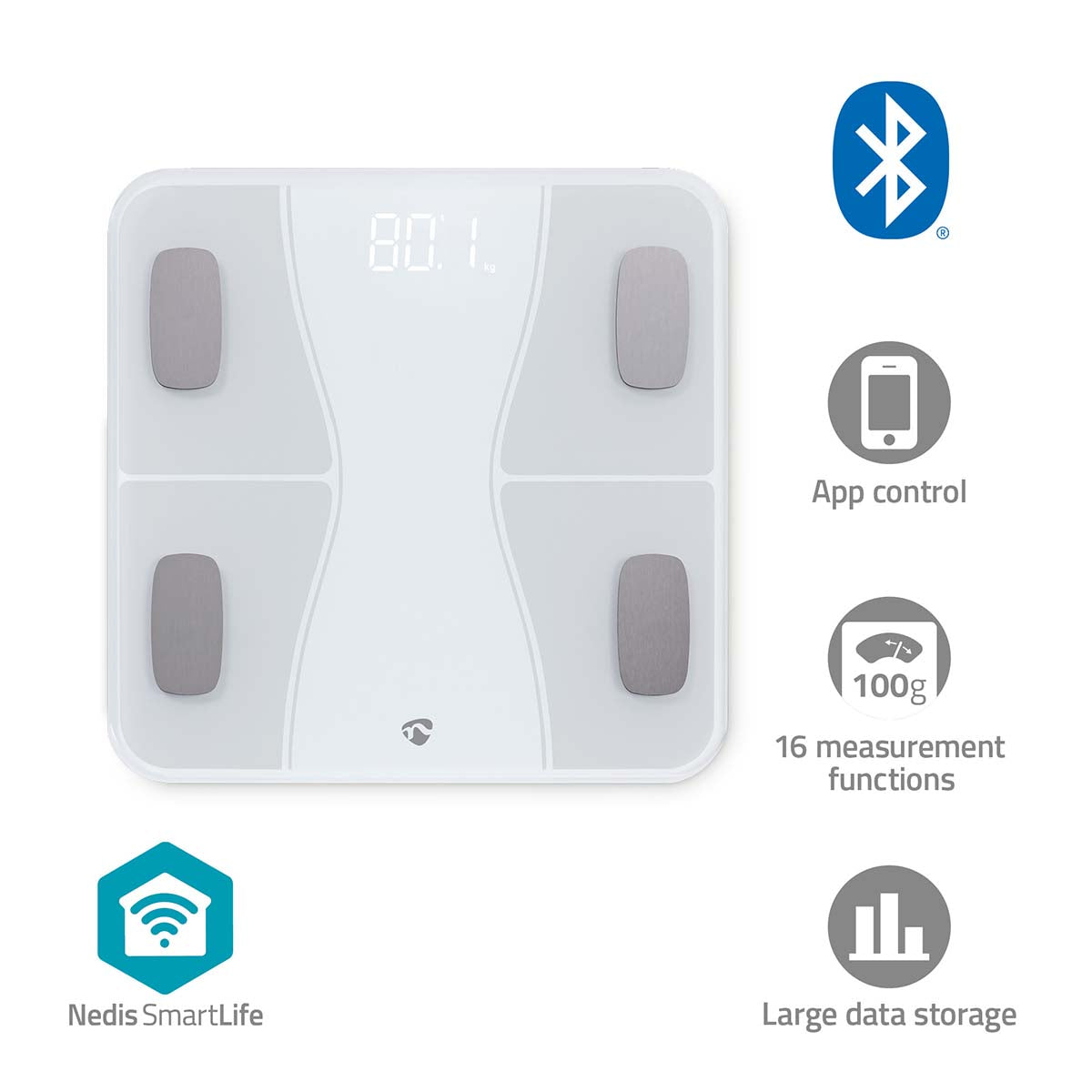 WIFI-SmartLife-Personenwaage | Bluetooth® | BMI / BMR / Fett / Gebeine / Gewicht / Muskeln / Wasser | 12 | Max. Last: 180 kg | Android™ / IOS | ABS / Glas | Weiss
