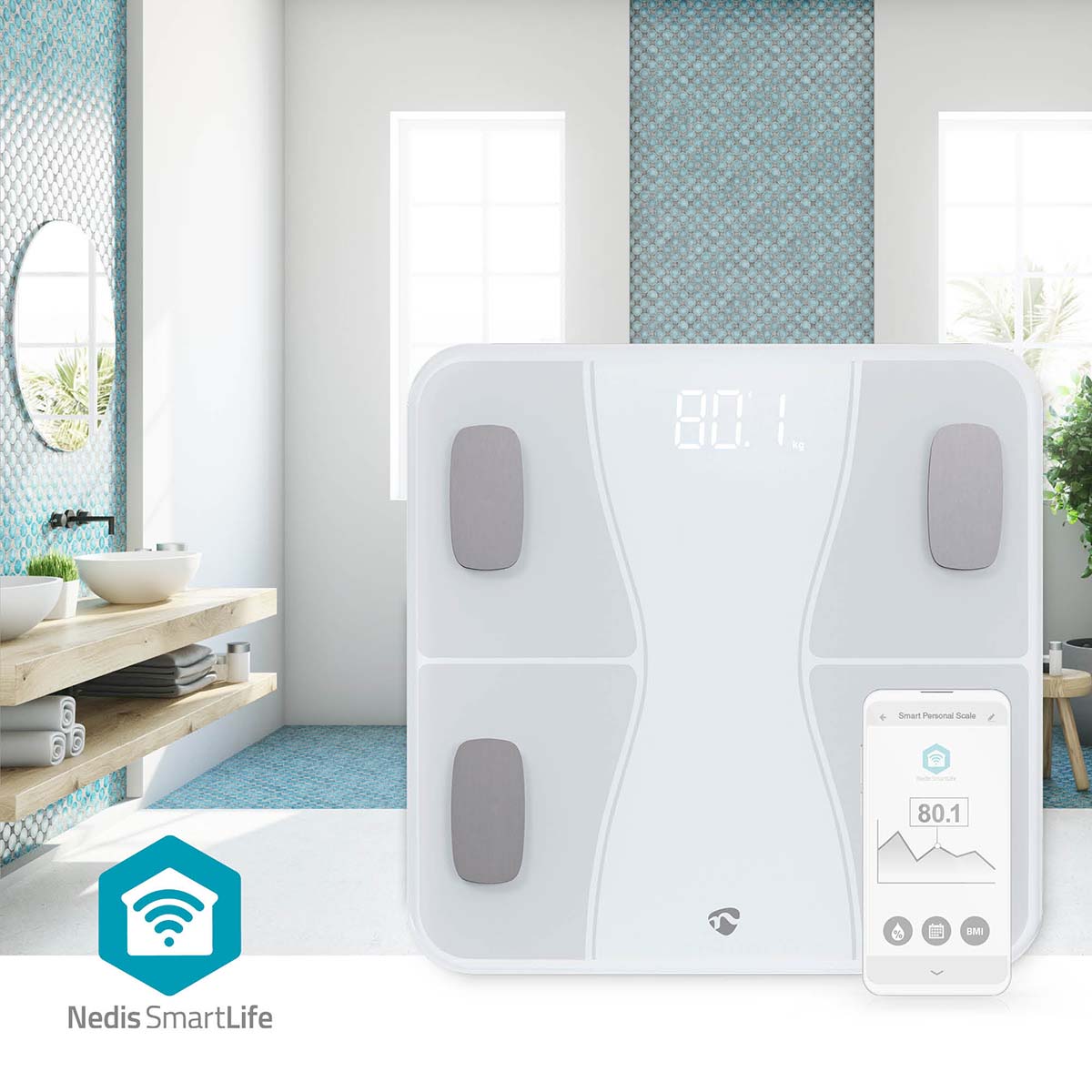 WIFI-SmartLife-Personenwaage | Bluetooth® | BMI / BMR / Fett / Gebeine / Gewicht / Muskeln / Wasser | 12 | Max. Last: 180 kg | Android™ / IOS | ABS / Glas | Weiss