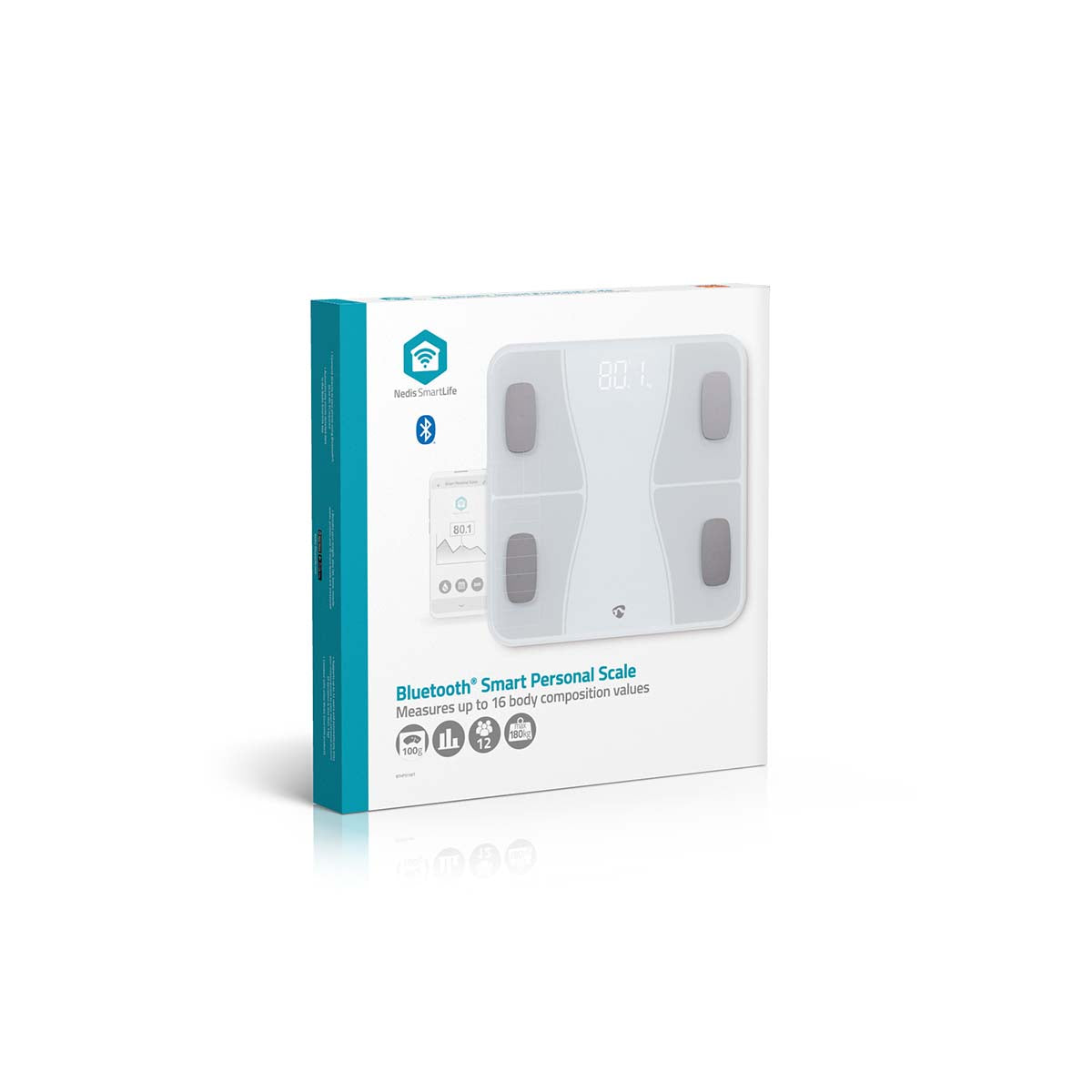 WIFI-SmartLife-Personenwaage | Bluetooth® | BMI / BMR / Fett / Gebeine / Gewicht / Muskeln / Wasser | 12 | Max. Last: 180 kg | Android™ / IOS | ABS / Glas | Weiss